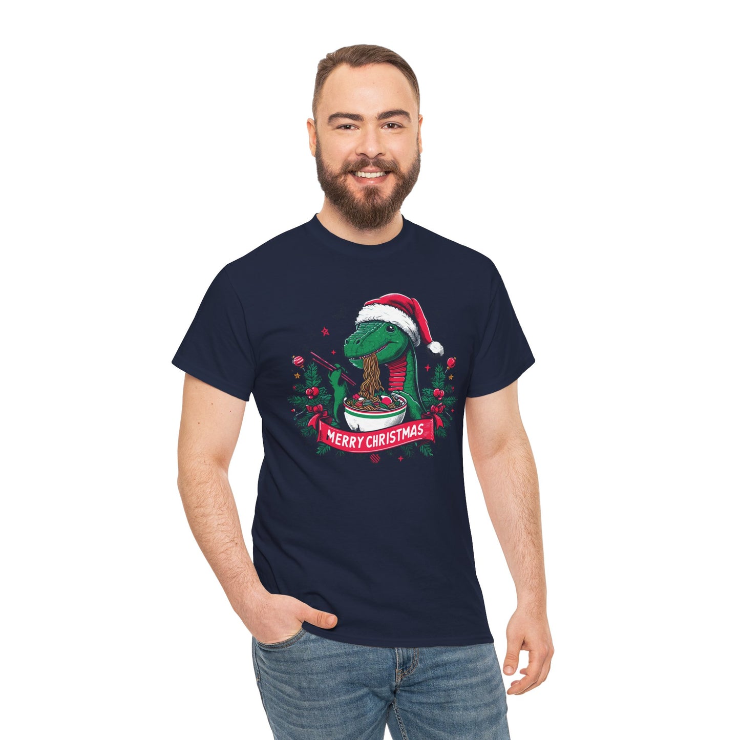 Festive Dinosaur Enjoying Ramen: A Merry Christmas Greetings Unisex Tee