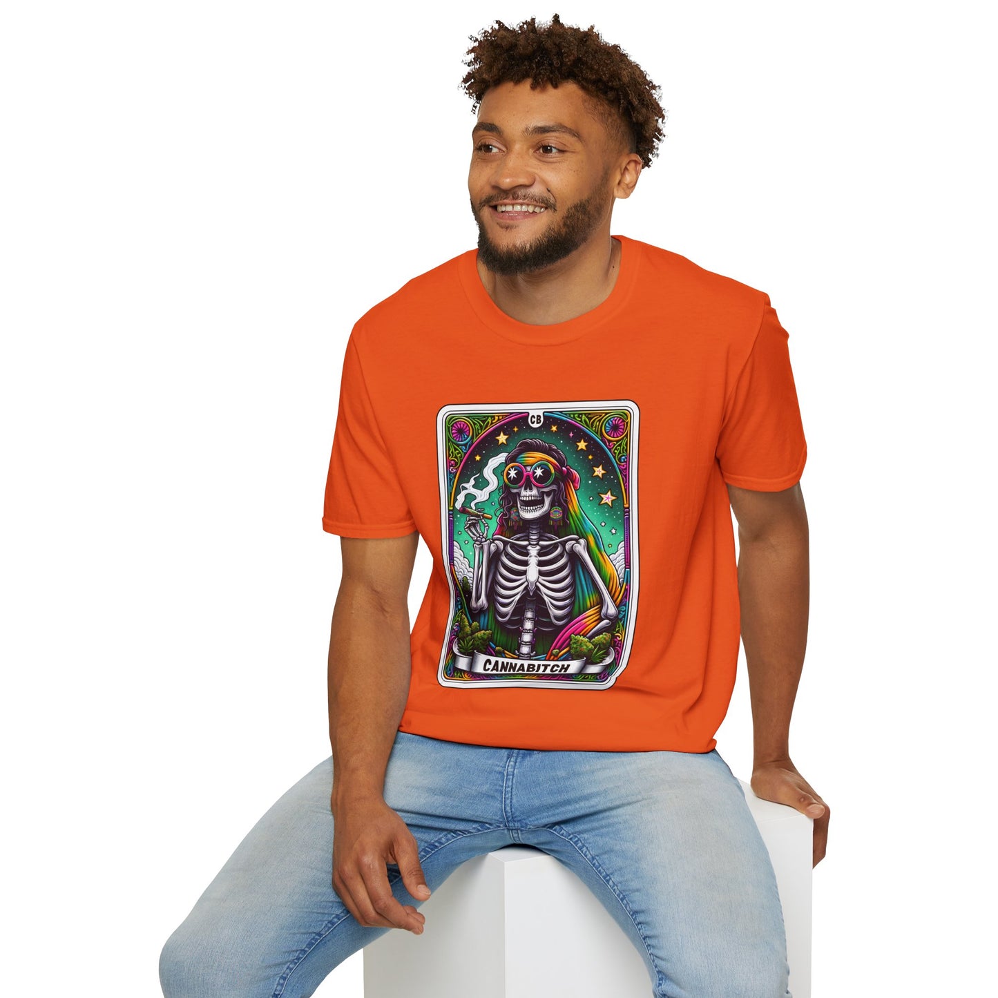 Psychedelic “Cannabitch” Tarot Skeleton T‑Shirt – Trippy Rainbow Weed Art for Stoner Queens