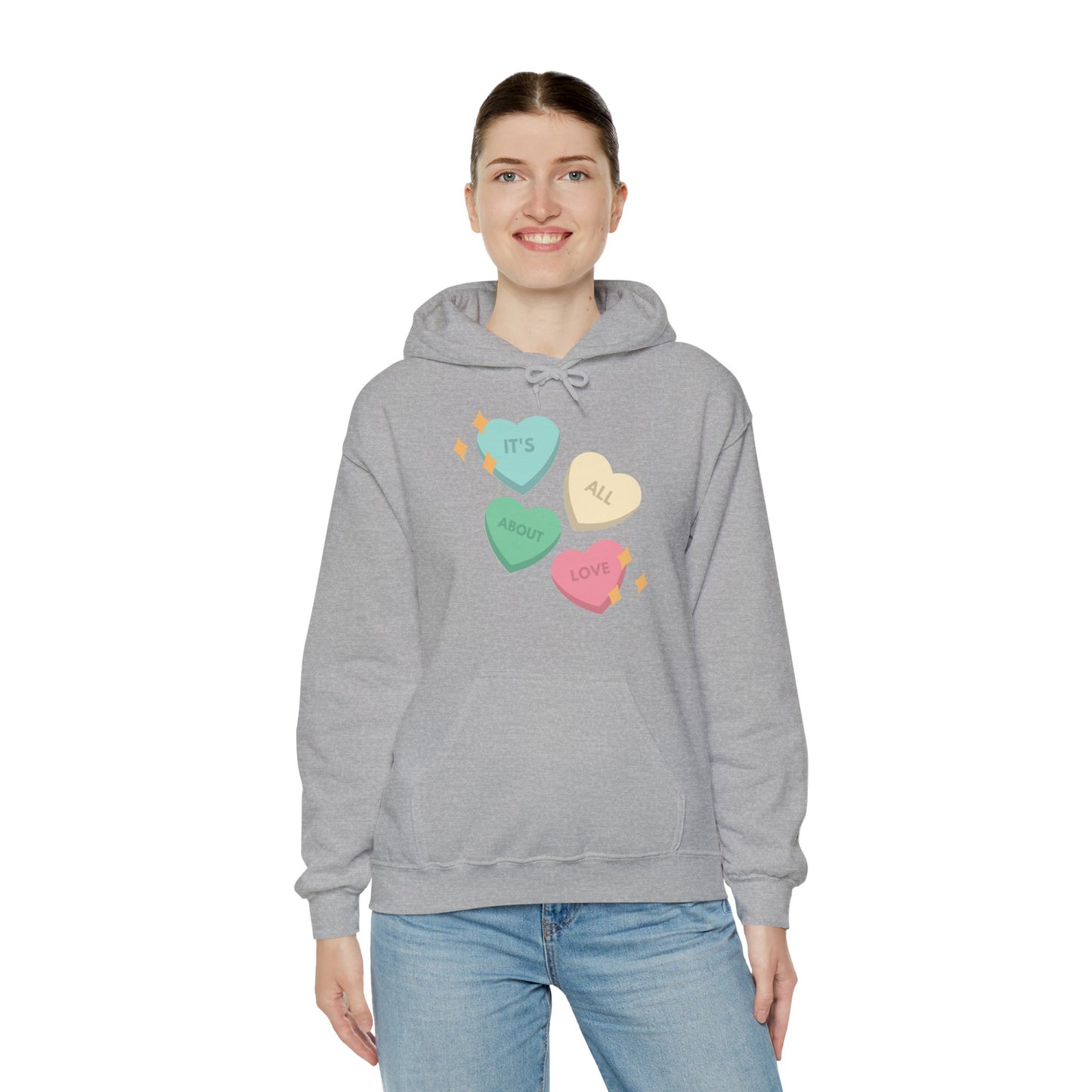It's All About Love" Pastel Heart Hoodie | Retro Candy Style Sweatshirt | Aesthetic Love Graphic Pullover  Description: