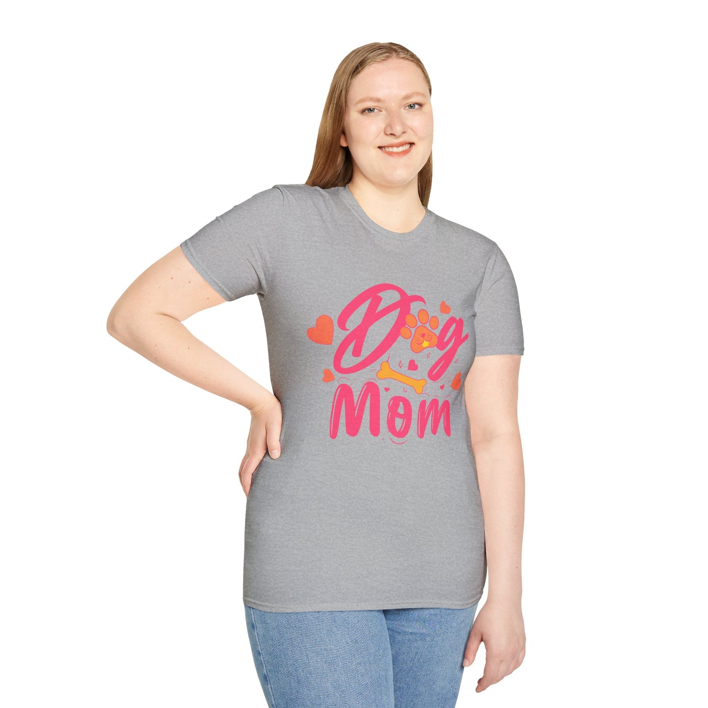 Cute Dog Mom T‑Shirt – Pink Hearts, Paw Print & Bone Graphic for Proud Pup Mamas