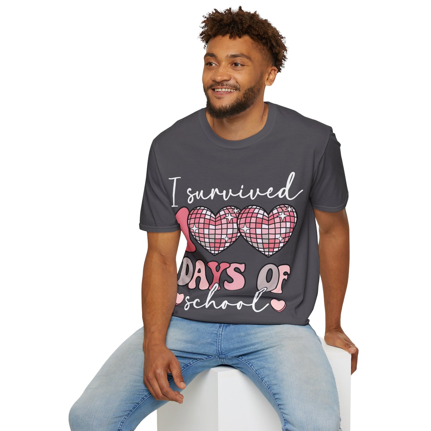 I Survived 100 Days of School Shirt | Funny Retro Disco Heart Black Tee | Groovy Teacher Student Humor Gift