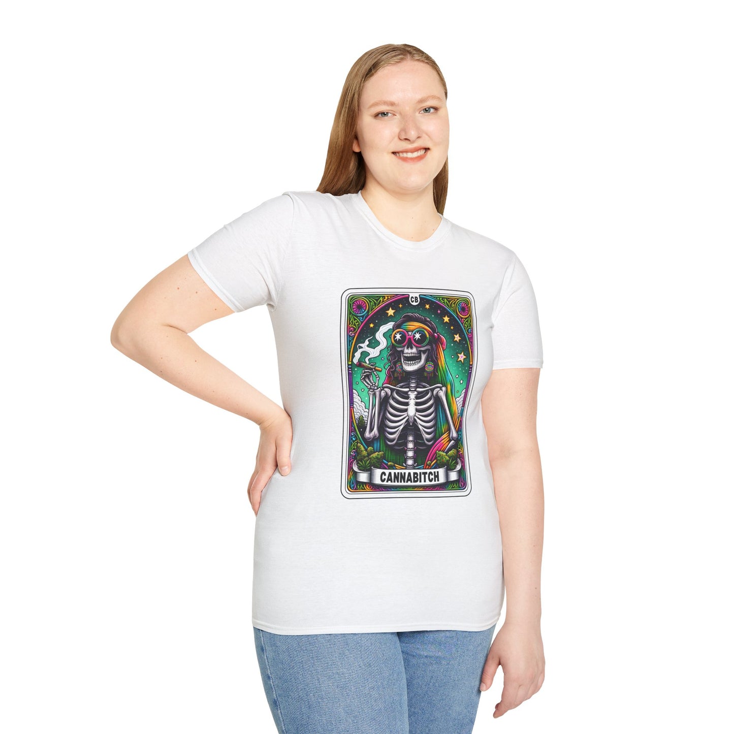 Psychedelic “Cannabitch” Tarot Skeleton T‑Shirt – Trippy Rainbow Weed Art for Stoner Queens