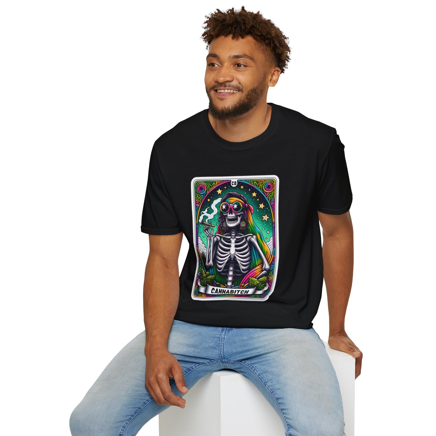 Psychedelic “Cannabitch” Tarot Skeleton T‑Shirt – Trippy Rainbow Weed Art for Stoner Queens