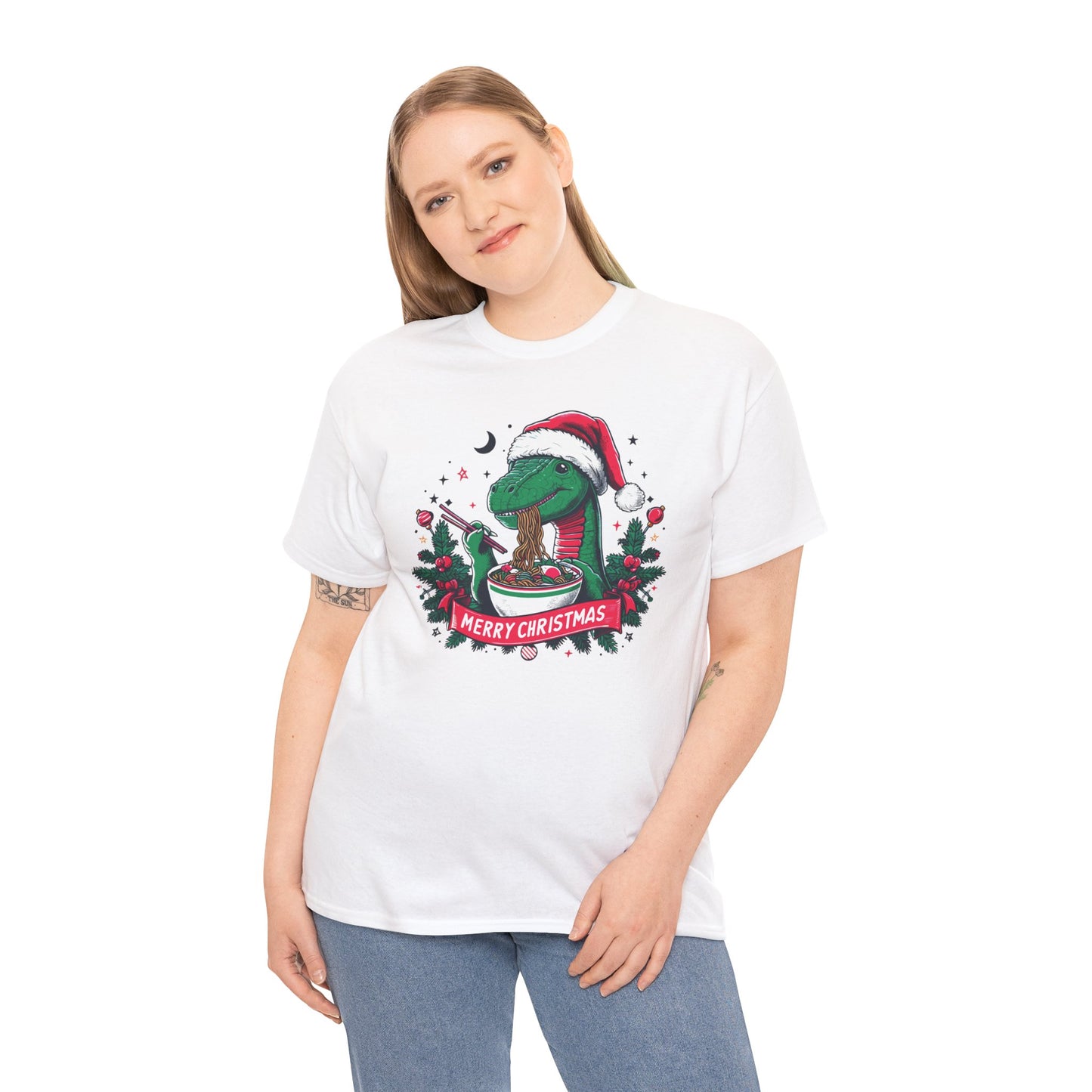 Festive Dinosaur Enjoying Ramen: A Merry Christmas Greetings Unisex Tee