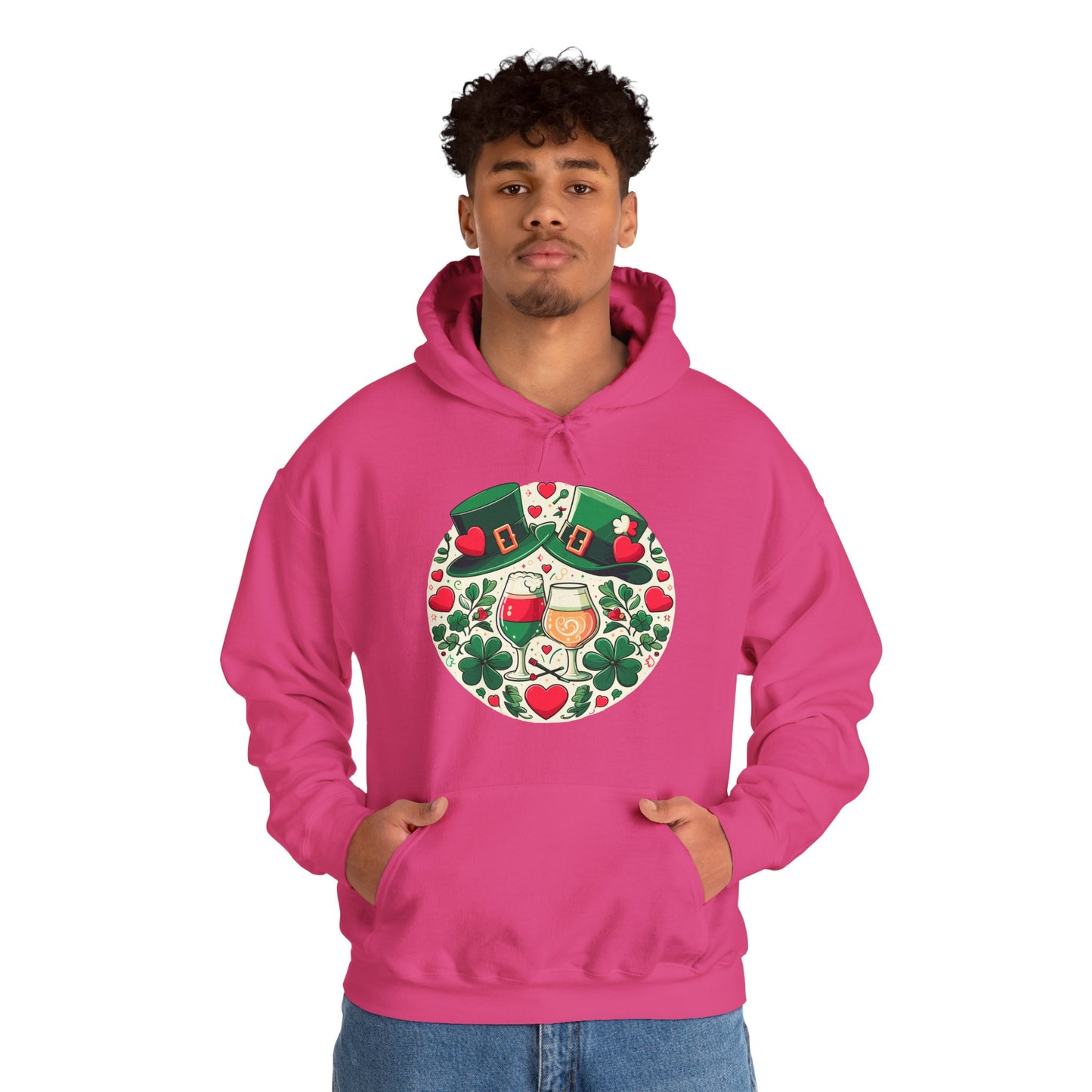 St. Patrick's Day Hoodie, Irish Celebration Beer Clover Heart Unisex Pullover