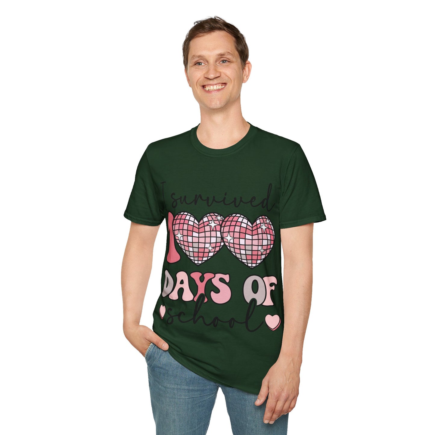 I Survived 100 Days of School Shirt | Funny Retro Disco Heart Tee | Pink 100th Day Teacher Gift | Humorous Student Outfit
