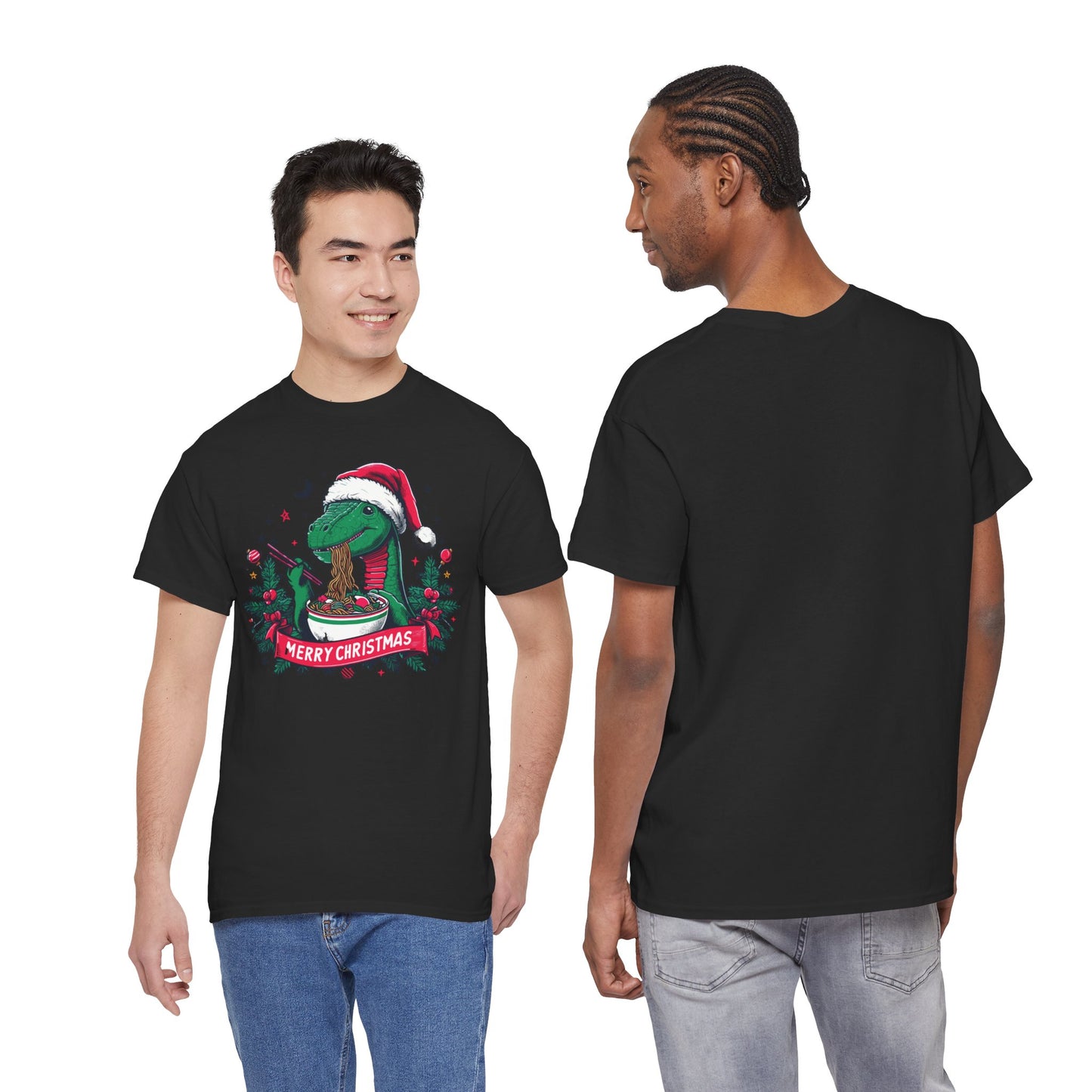 Festive Dinosaur Enjoying Ramen: A Merry Christmas Greetings Unisex Tee