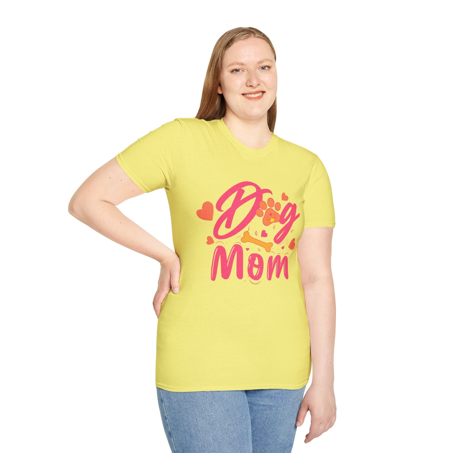 Cute Dog Mom T‑Shirt – Pink Hearts, Paw Print & Bone Graphic for Proud Pup Mamas
