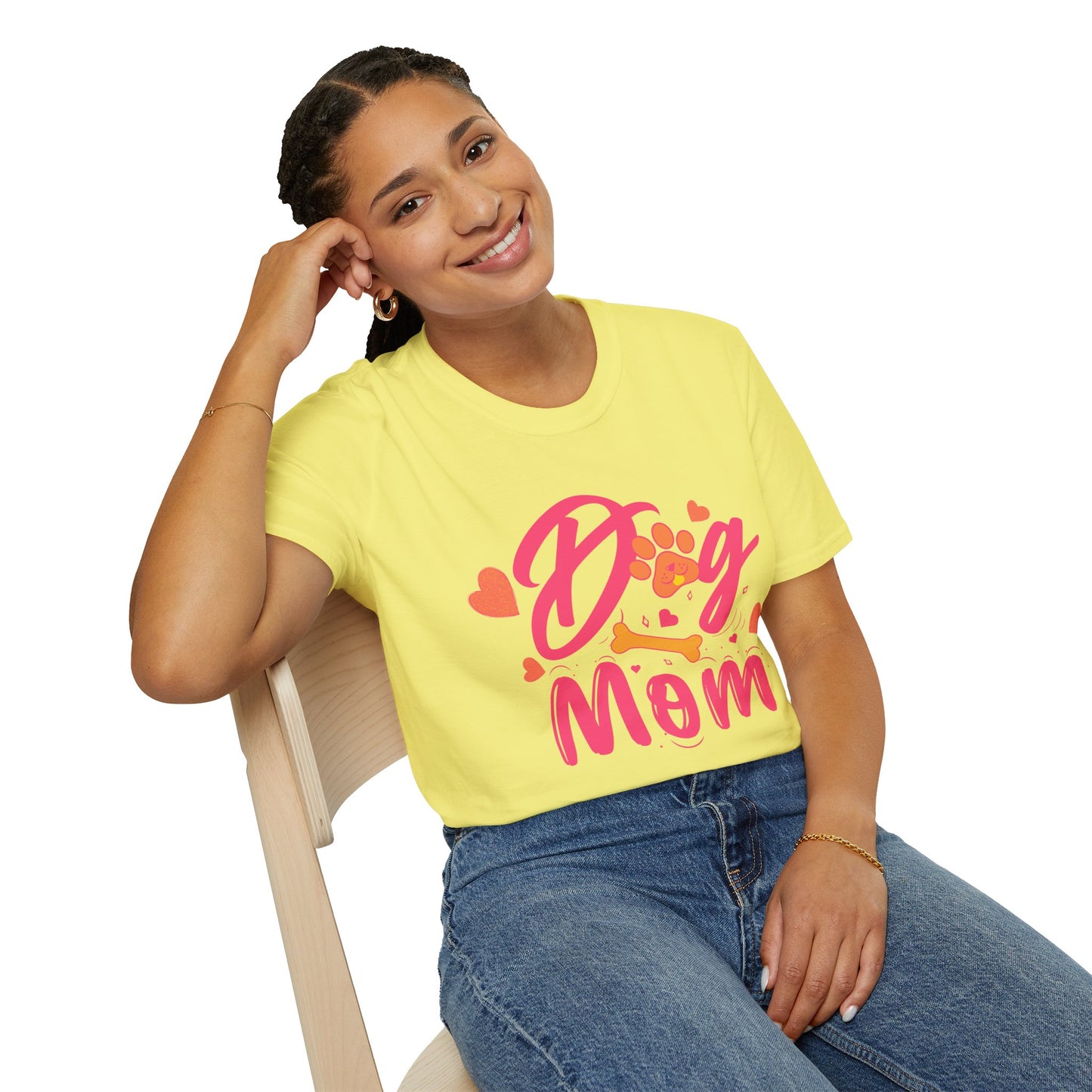 Cute Dog Mom T‑Shirt – Pink Hearts, Paw Print & Bone Graphic for Proud Pup Mamas