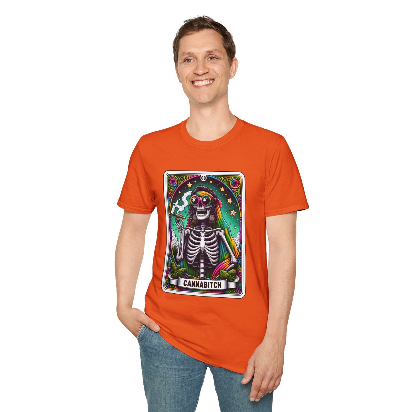 Psychedelic “Cannabitch” Tarot Skeleton T‑Shirt – Trippy Rainbow Weed Art for Stoner Queens