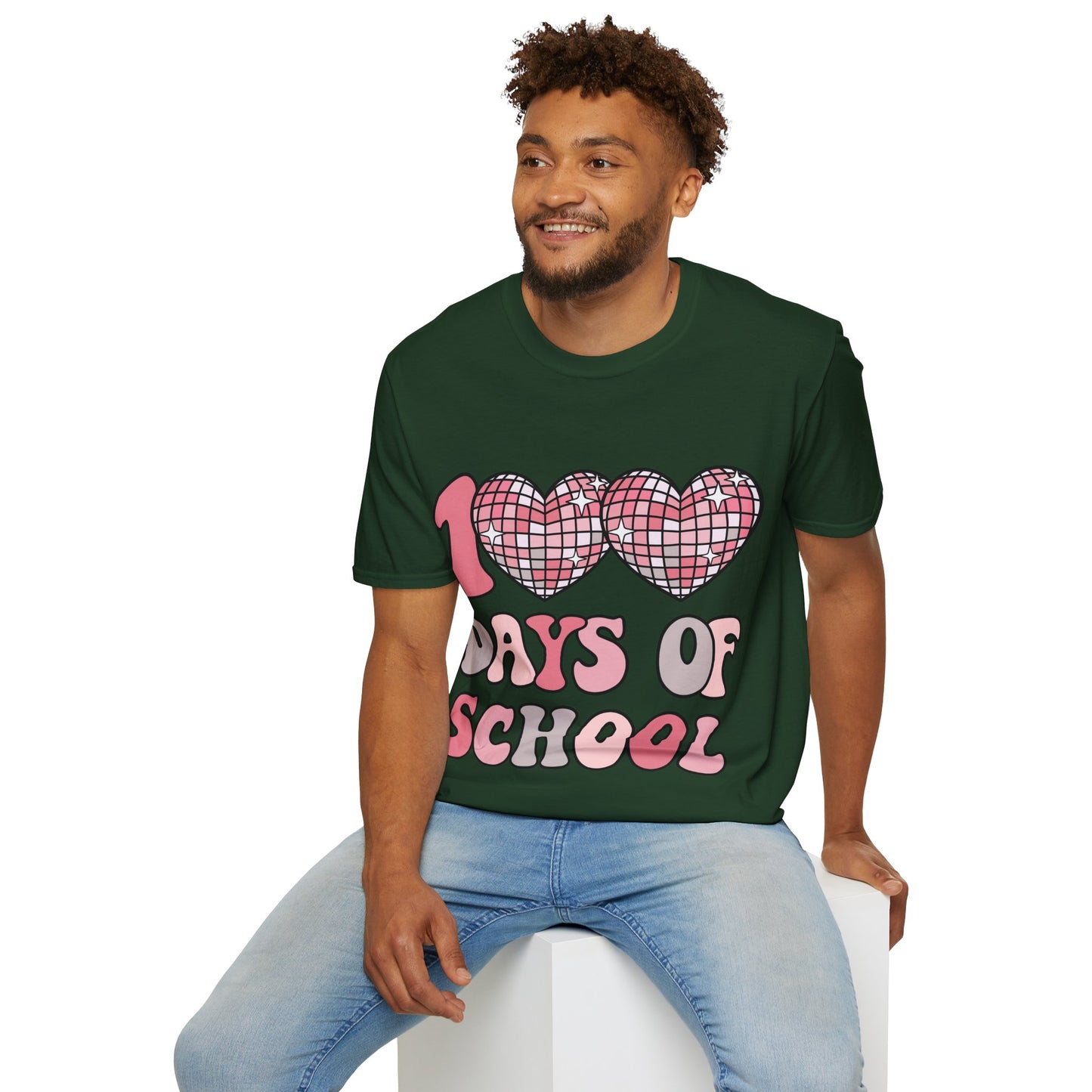 00 Days of School Shirt | Retro Pink Disco Hearts Tee | Vintage Bubble Letter Teacher & Student Top | Soft Ring-Spun Cotton Gift