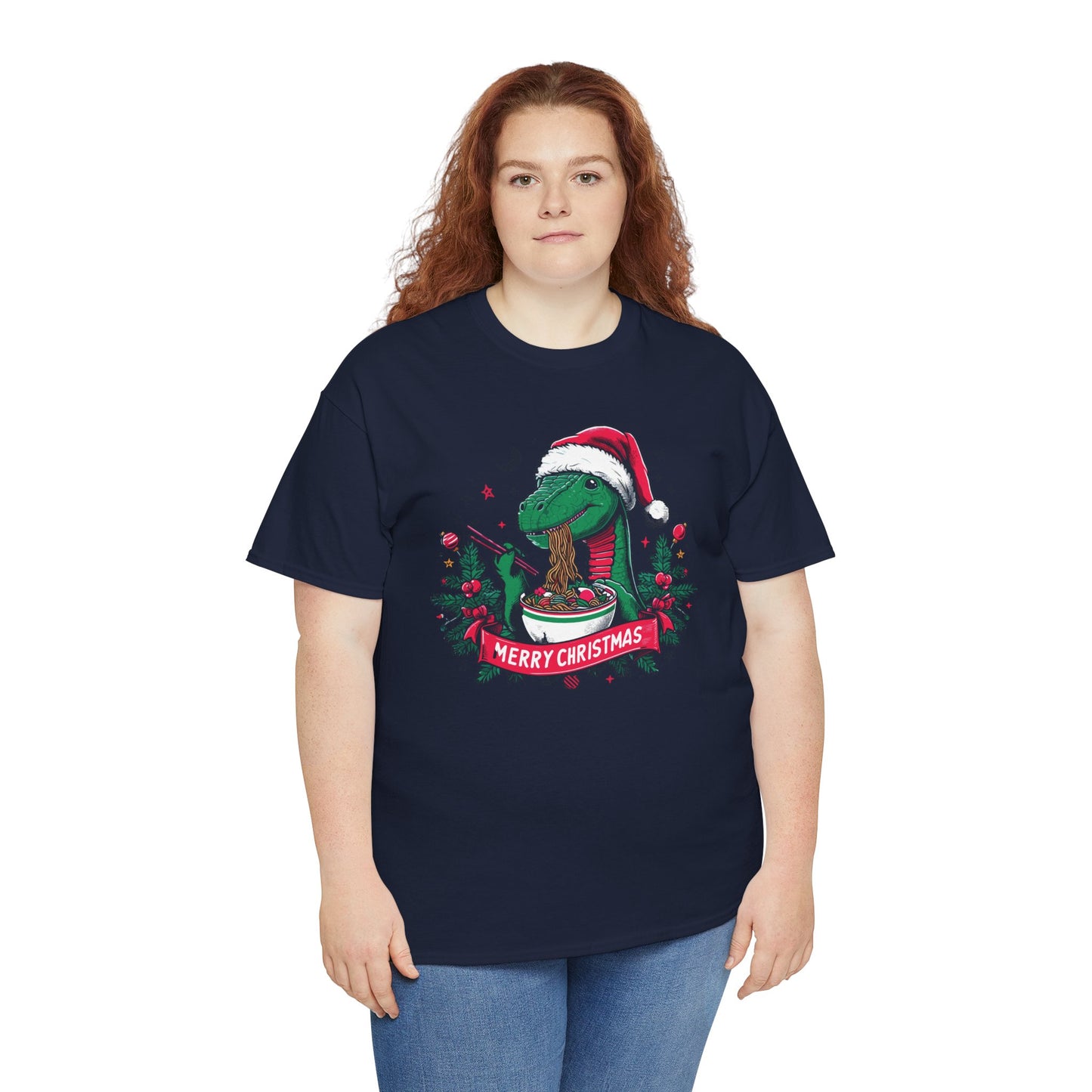 Festive Dinosaur Enjoying Ramen: A Merry Christmas Greetings Unisex Tee