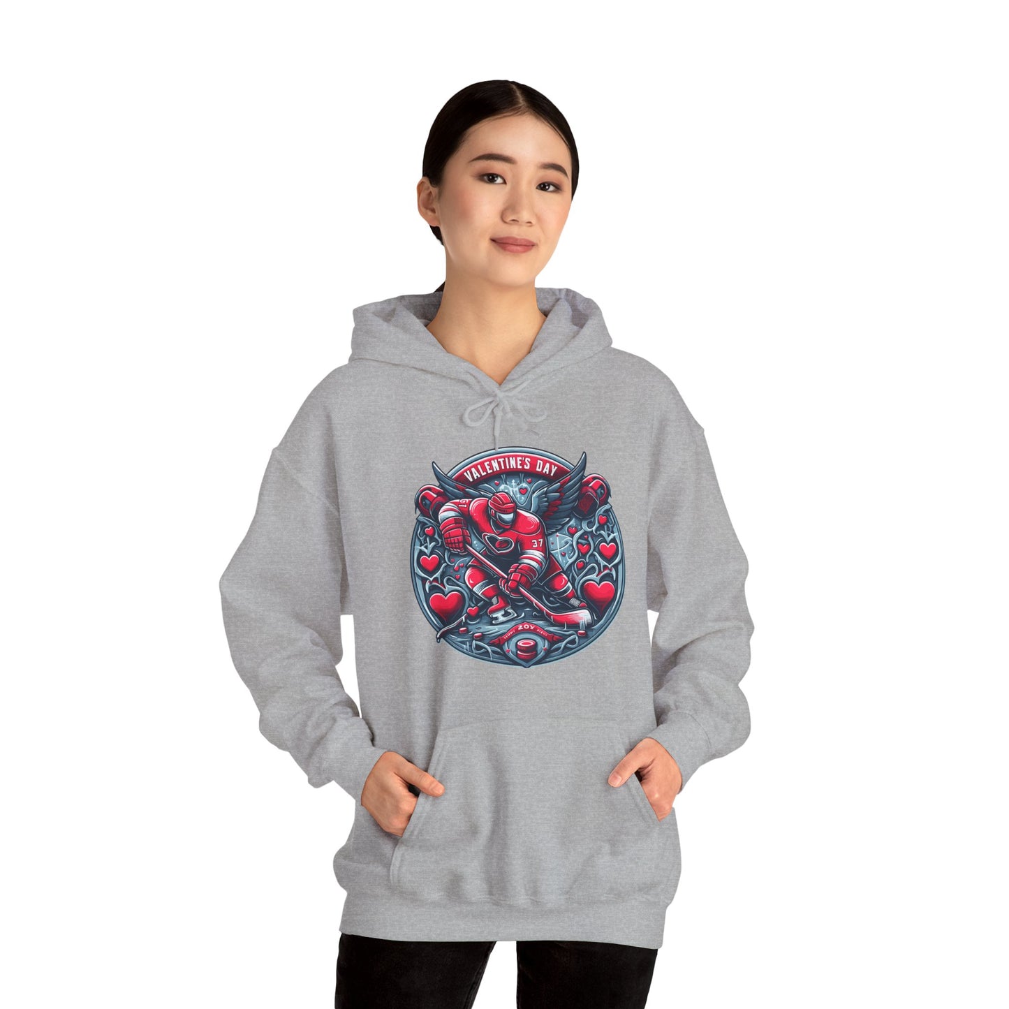 Valentines Day Hockey Hoodie, Romantic Sports Gift, Unisex Heart Hockey Graphic Pullover, Casual Comfortable Sporty Apparel