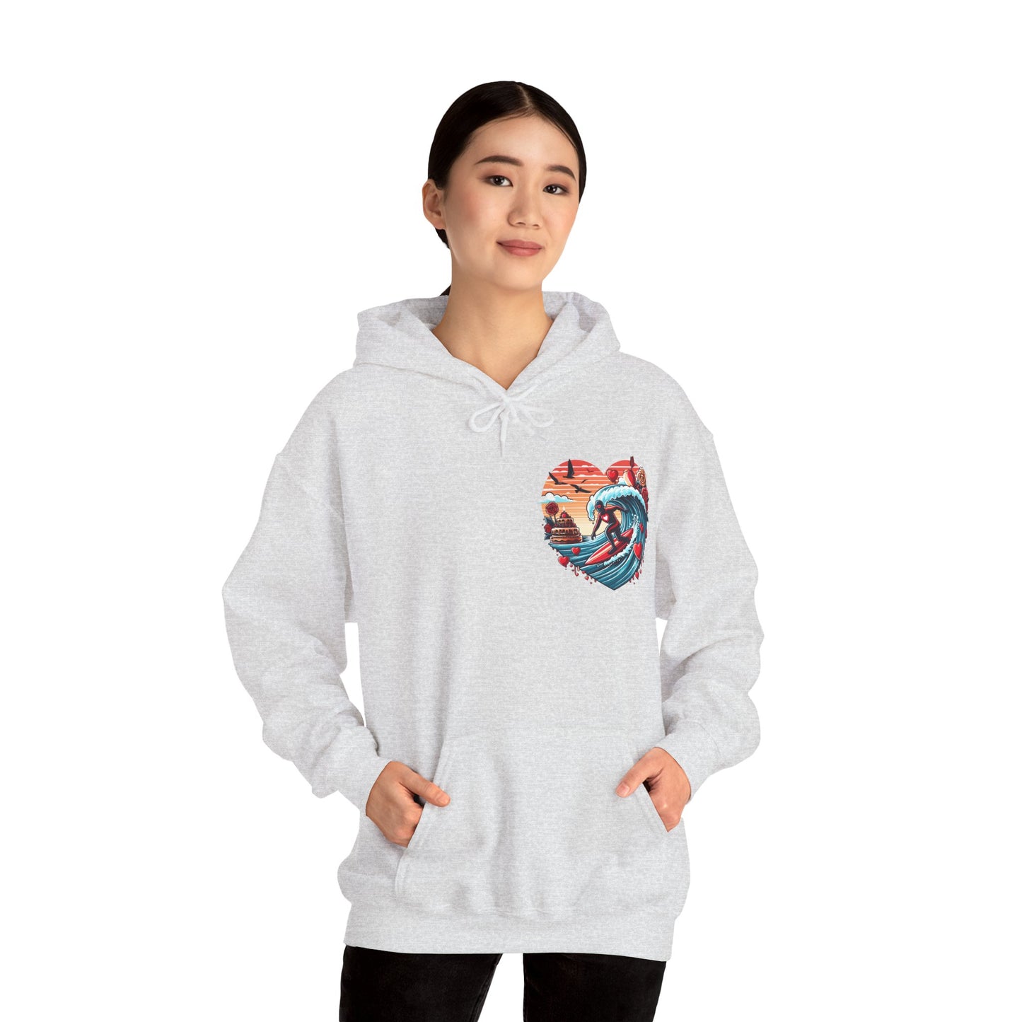 Surfing Love Heart Hoodie Surfer Wave Unisex Sweatshirt - Viral Romantic Beach Gift