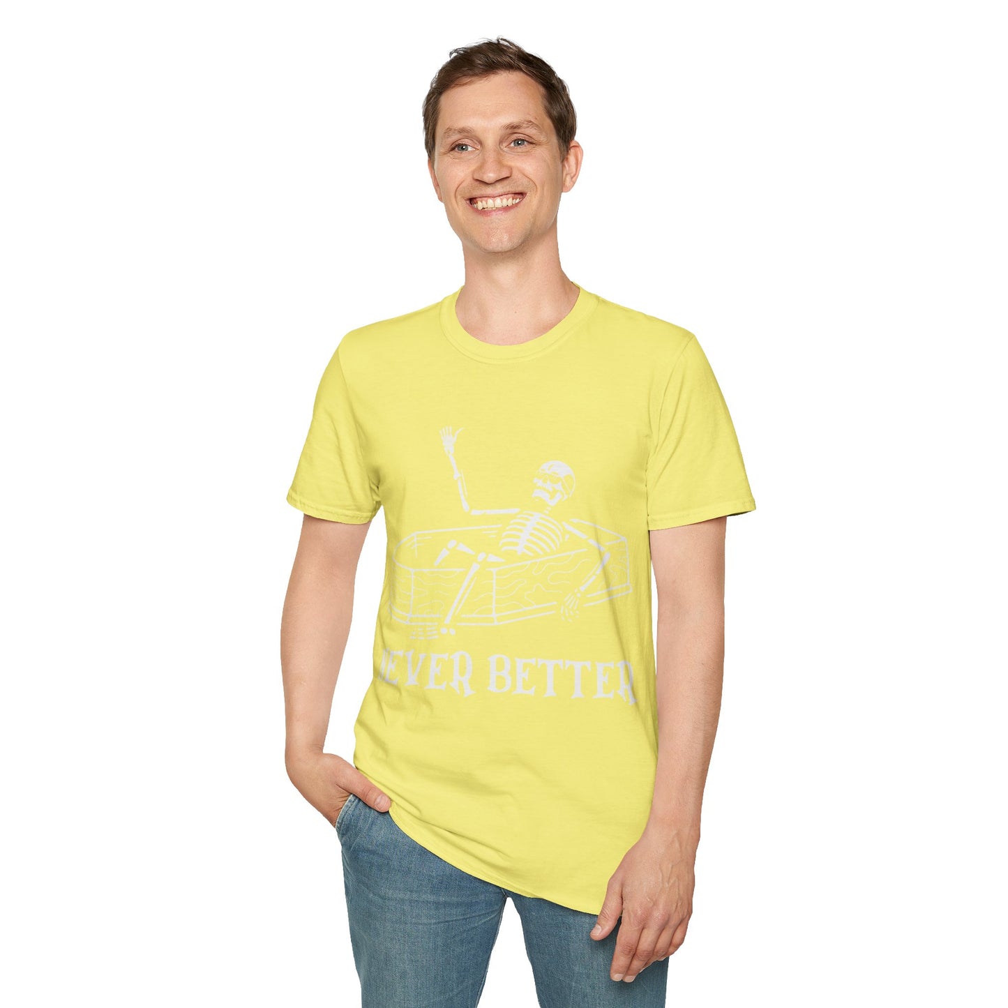 Never Better Skeleton Coffin T‑Shirt – Dark Humor Goth Tee for the Delightfully Dead Inside