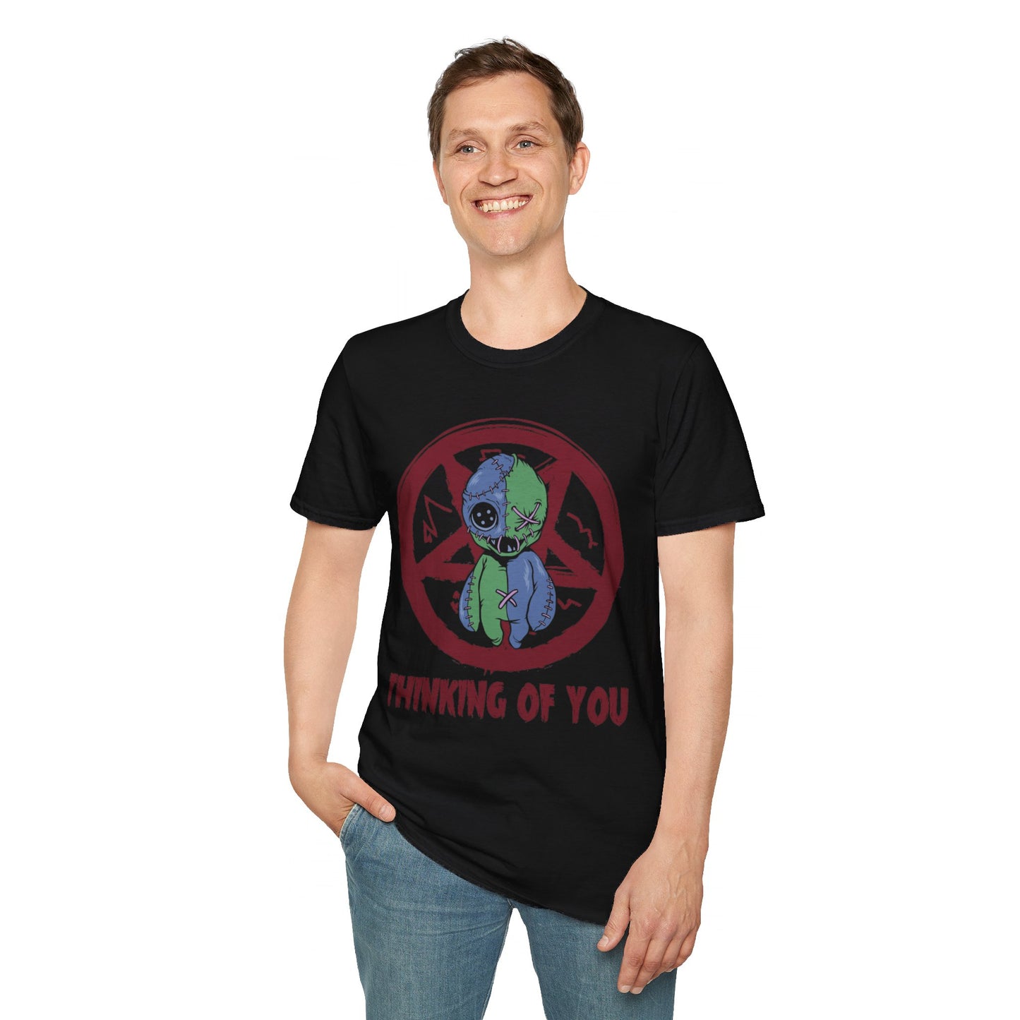 Spooky Voodoo Doll Prohibition Tee - Unique Halloween ‘Thinking of You’ Shirt