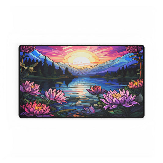 Mountain Sunset Desk Mat | Large Gaming Mouse Pad (24x14) | Lotus Flower Lake Scenery | Non-Slip Rubber Base Office Decor