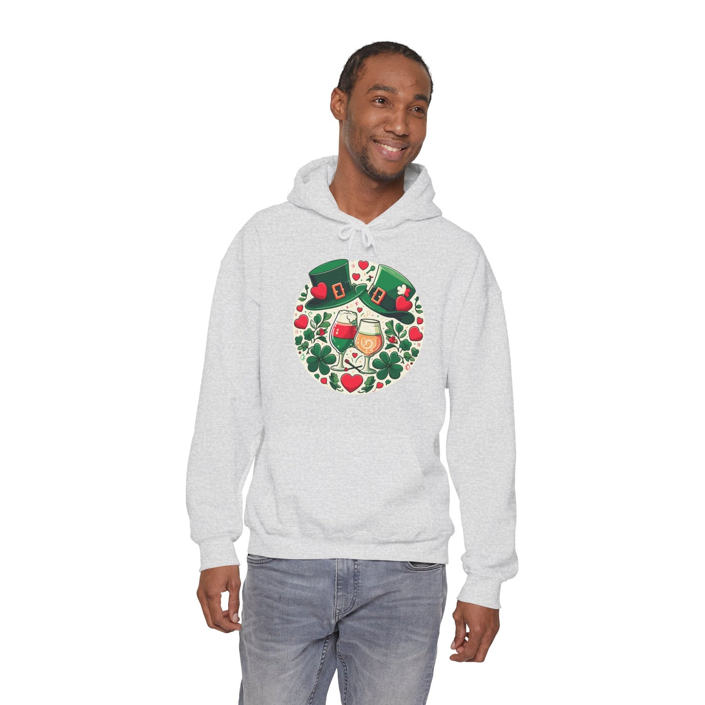 St. Patrick's Day Hoodie, Irish Celebration Beer Clover Heart Unisex Pullover