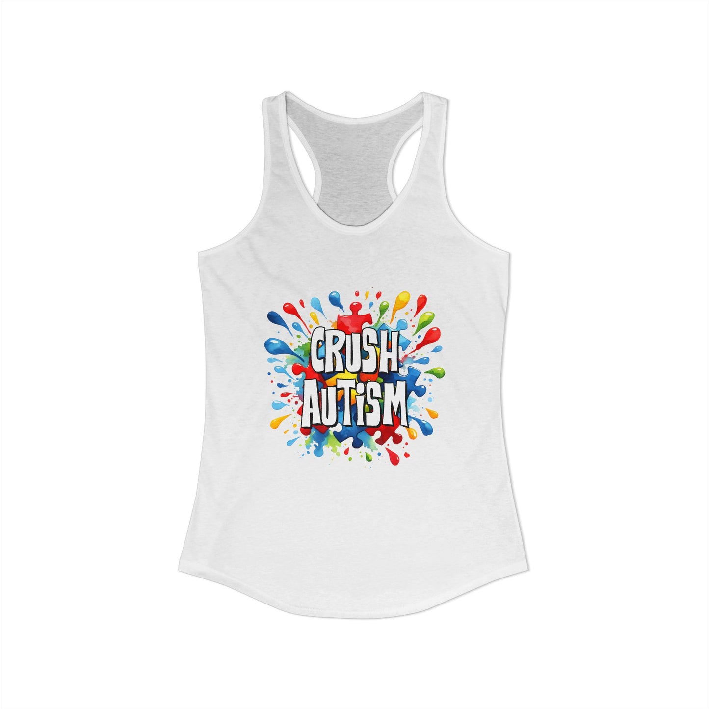Crush Autism Barriers – Bold Rainbow Splatter Autism Awareness Racerback Tank