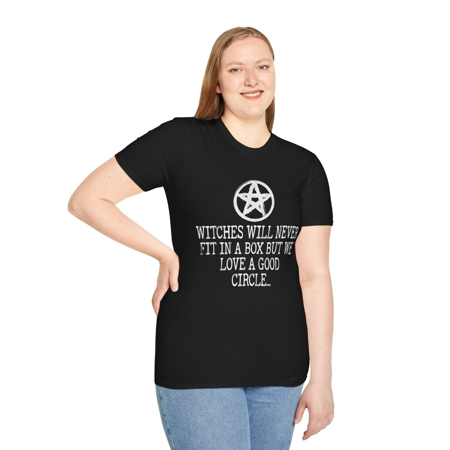 Witches Will Never Fit in a Box – Pentagram Circle Witchy T‑Shirt for Modern Coven Queens