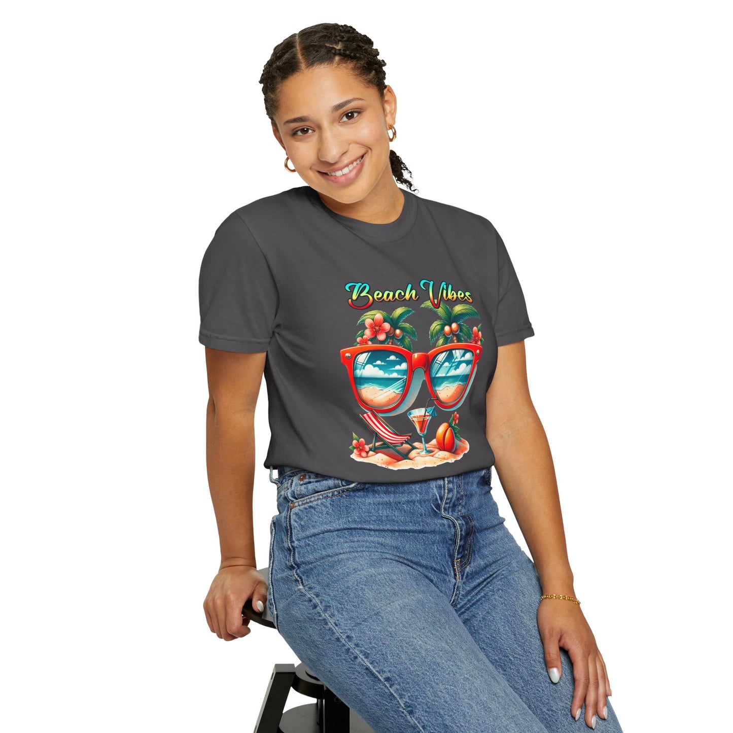 Beach Vibes Graphic Tee – Retro Sunglasses, Palm Trees & Sunset Summer Shirt