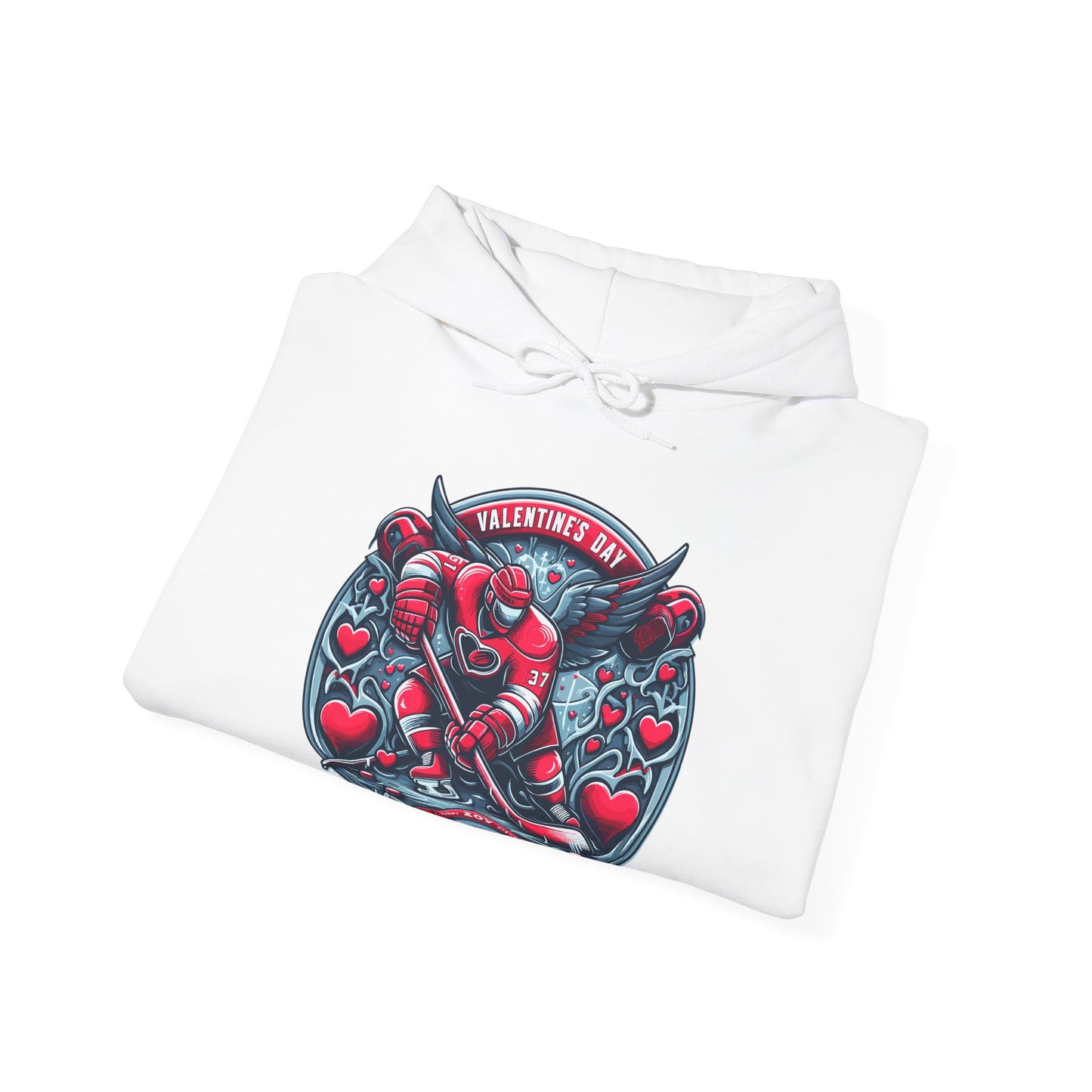 Valentines Day Hockey Hoodie, Romantic Sports Gift, Unisex Heart Hockey Graphic Pullover, Casual Comfortable Sporty Apparel