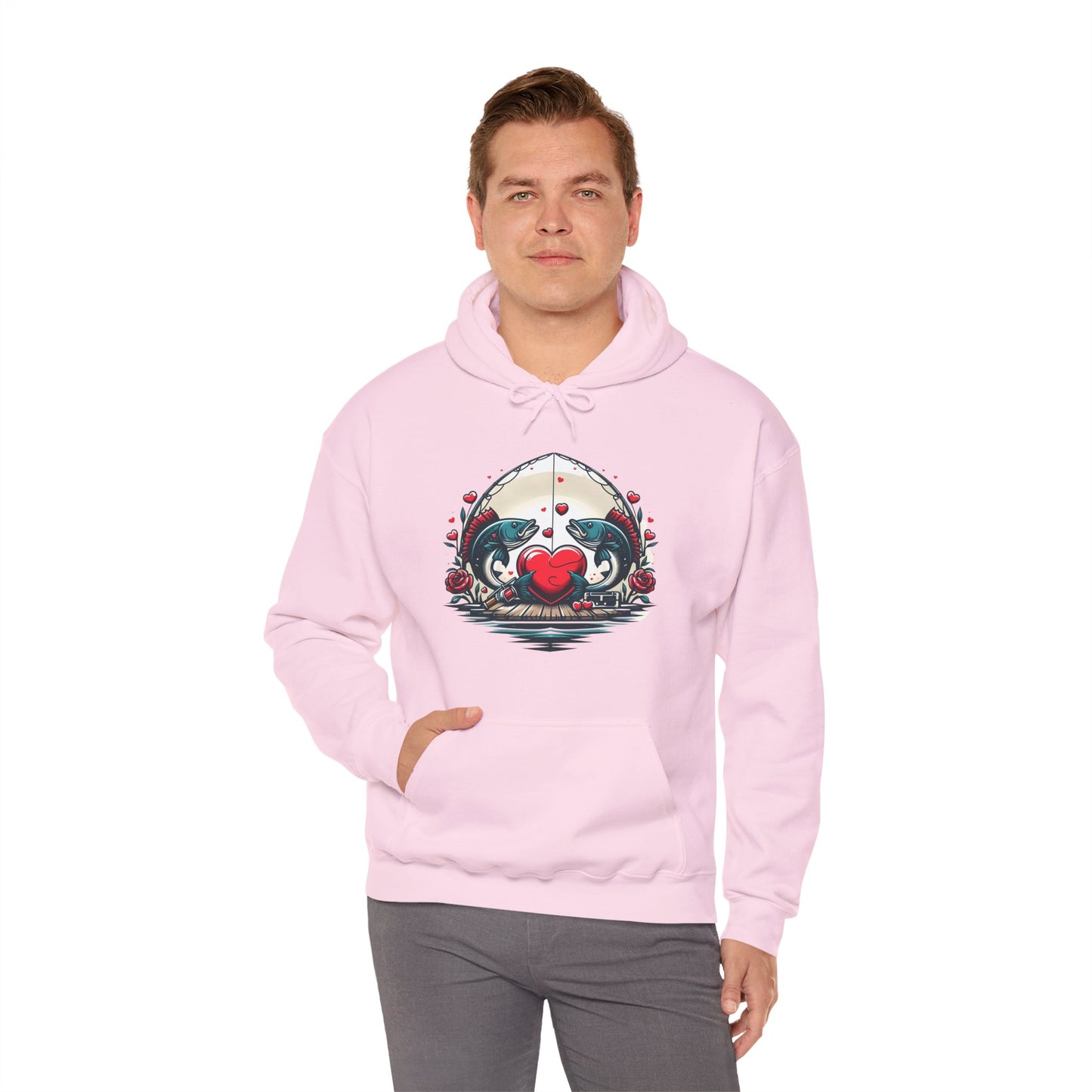 Unique Fish Love Heart Hoodie Unisex Fishing Themed Sweatshirt Graphic Hoodie With Rose Detail Romantic Angler Gift