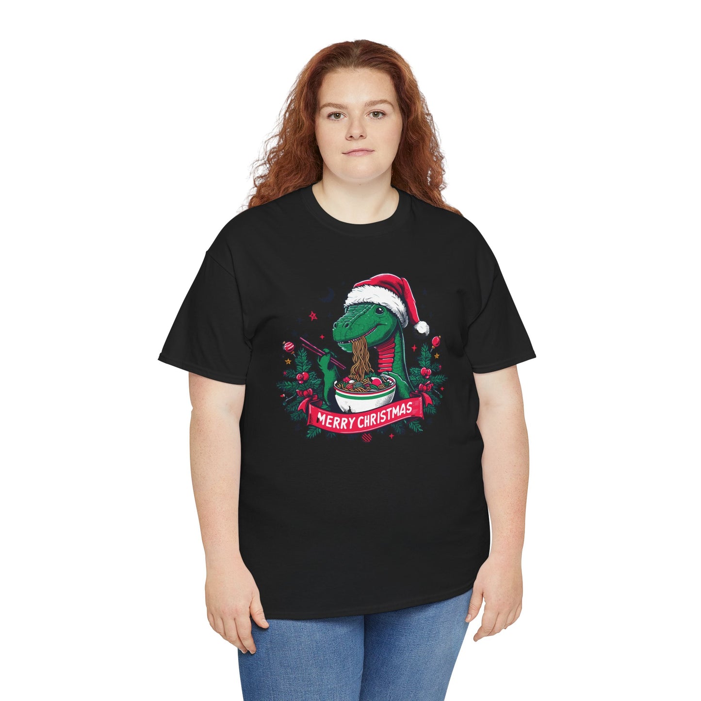 Festive Dinosaur Enjoying Ramen: A Merry Christmas Greetings Unisex Tee