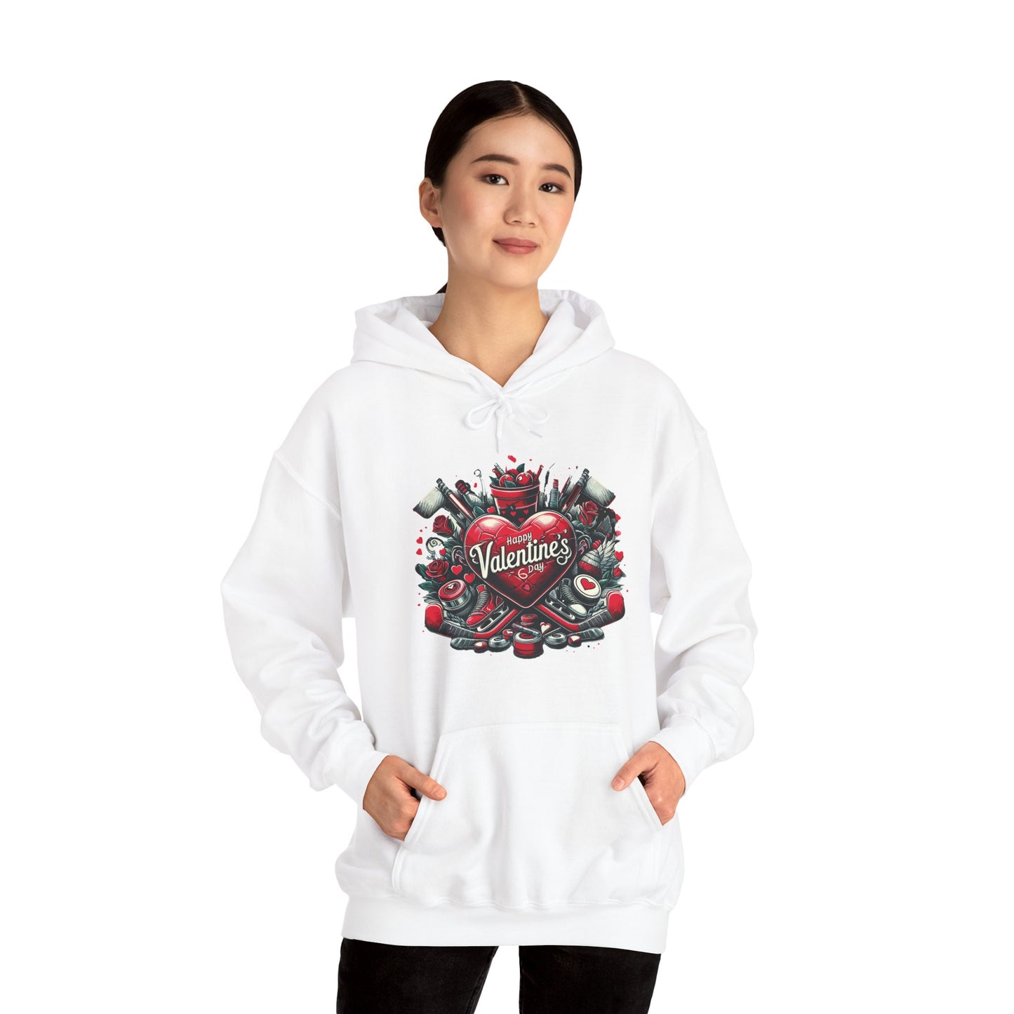 Valentine's Day Heart and Roses Hoodie, Romantic Couple Skatewear, Love ice hockey Themed Sweatshirt