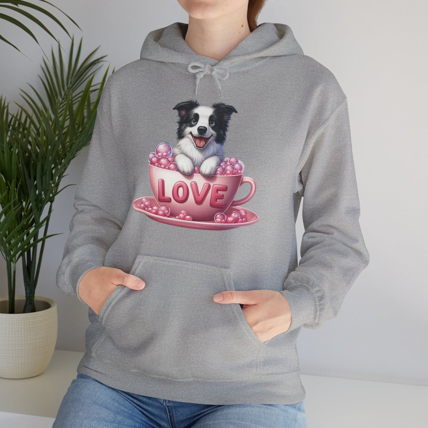 Viral Puppy Love Border Collie Hoodie - Cute Dog in Pink Cup Graphic Unisex Sweatshirt - Adorable Gift for Border Collie Lovers