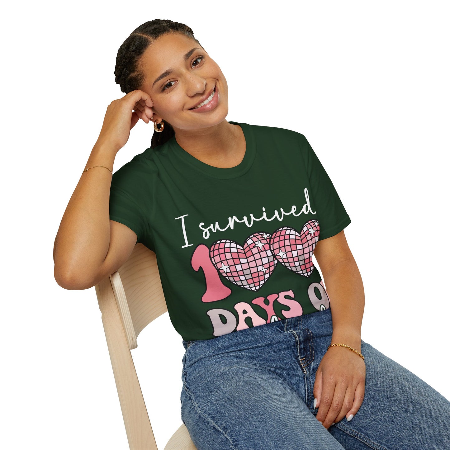 I Survived 100 Days of School Shirt | Funny Retro Disco Heart Black Tee | Groovy Teacher Student Humor Gift