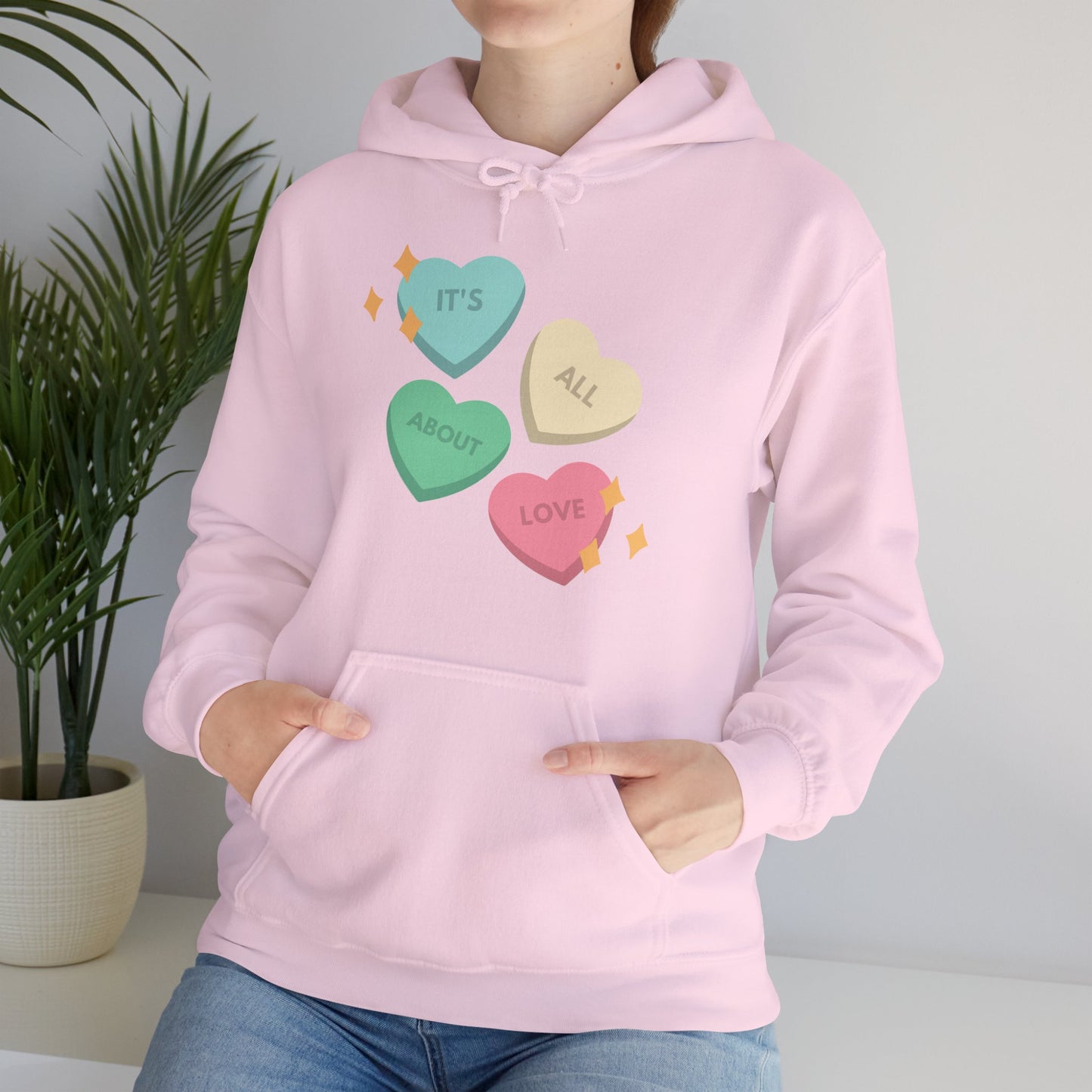 It's All About Love" Pastel Heart Hoodie | Retro Candy Style Sweatshirt | Aesthetic Love Graphic Pullover  Description: