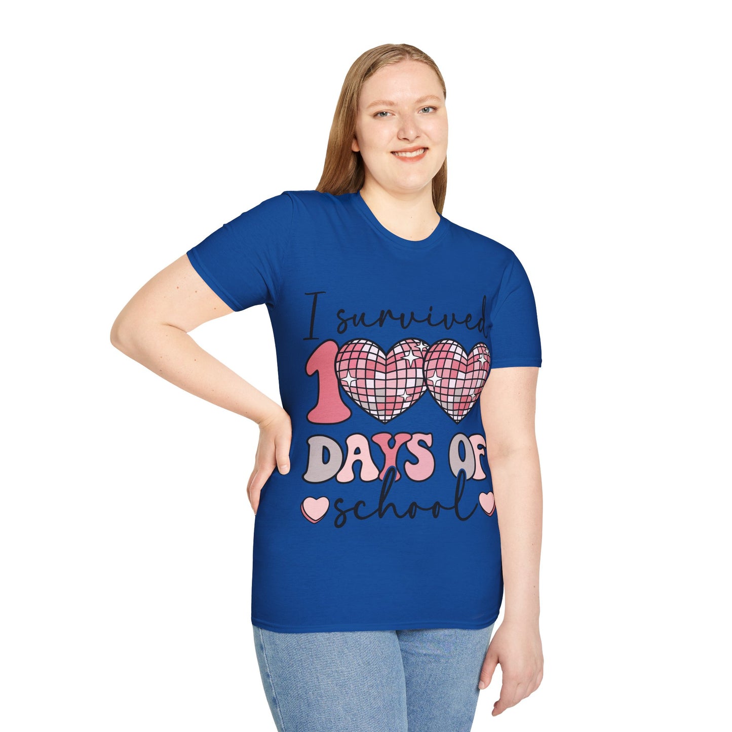 I Survived 100 Days of School Shirt | Funny Retro Disco Heart Tee | Pink 100th Day Teacher Gift | Humorous Student Outfit