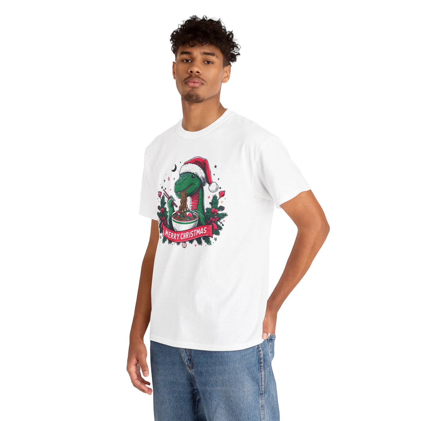 Festive Dinosaur Enjoying Ramen: A Merry Christmas Greetings Unisex Tee
