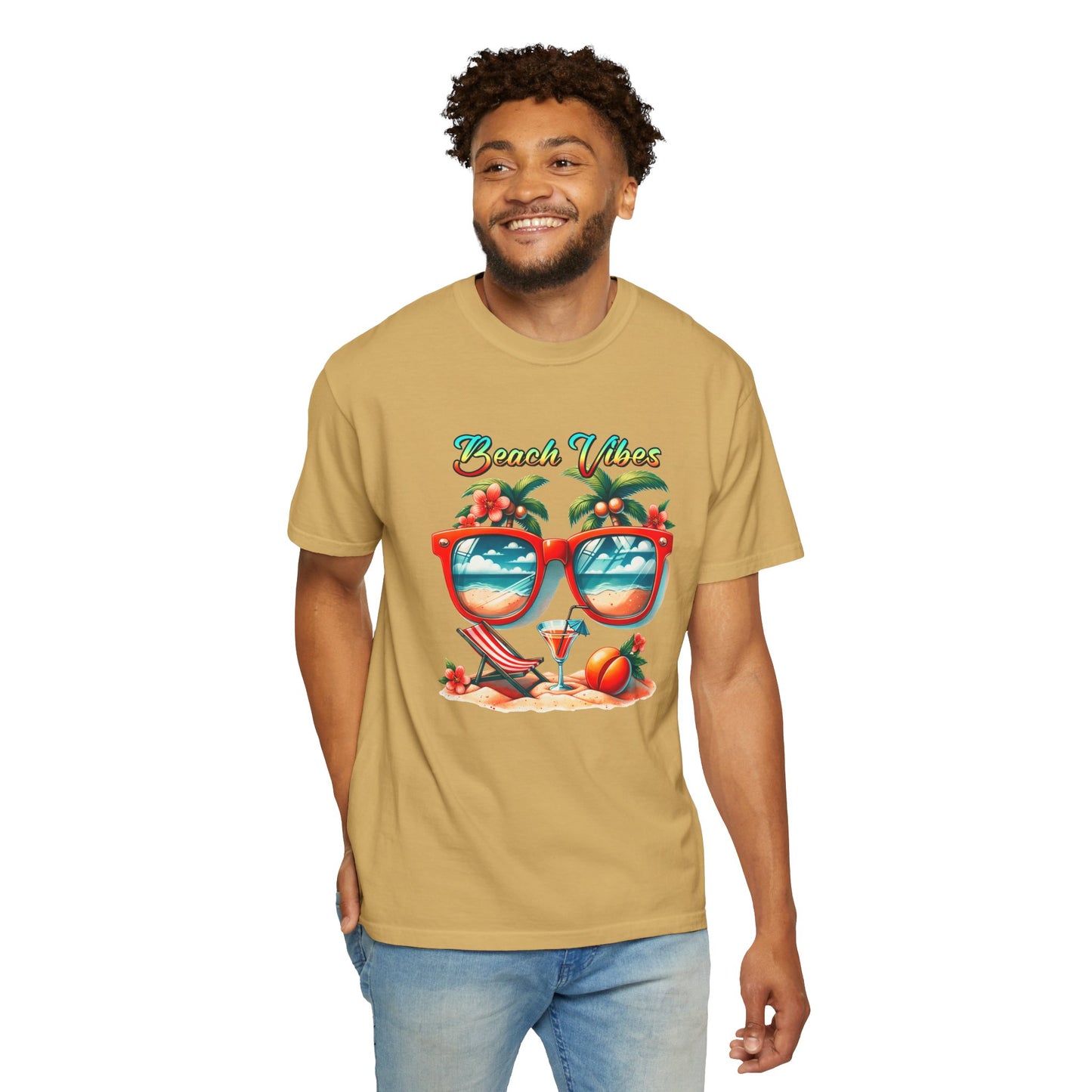 Beach Vibes Graphic Tee – Retro Sunglasses, Palm Trees & Sunset Summer Shirt