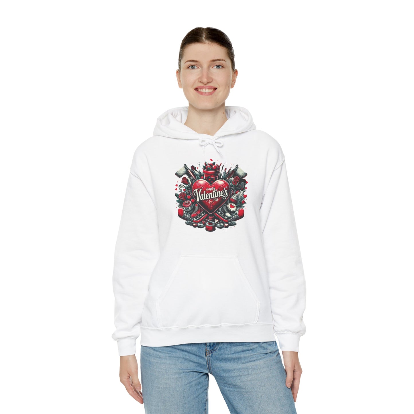 Valentine's Day Heart and Roses Hoodie, Romantic Couple Skatewear, Love ice hockey Themed Sweatshirt