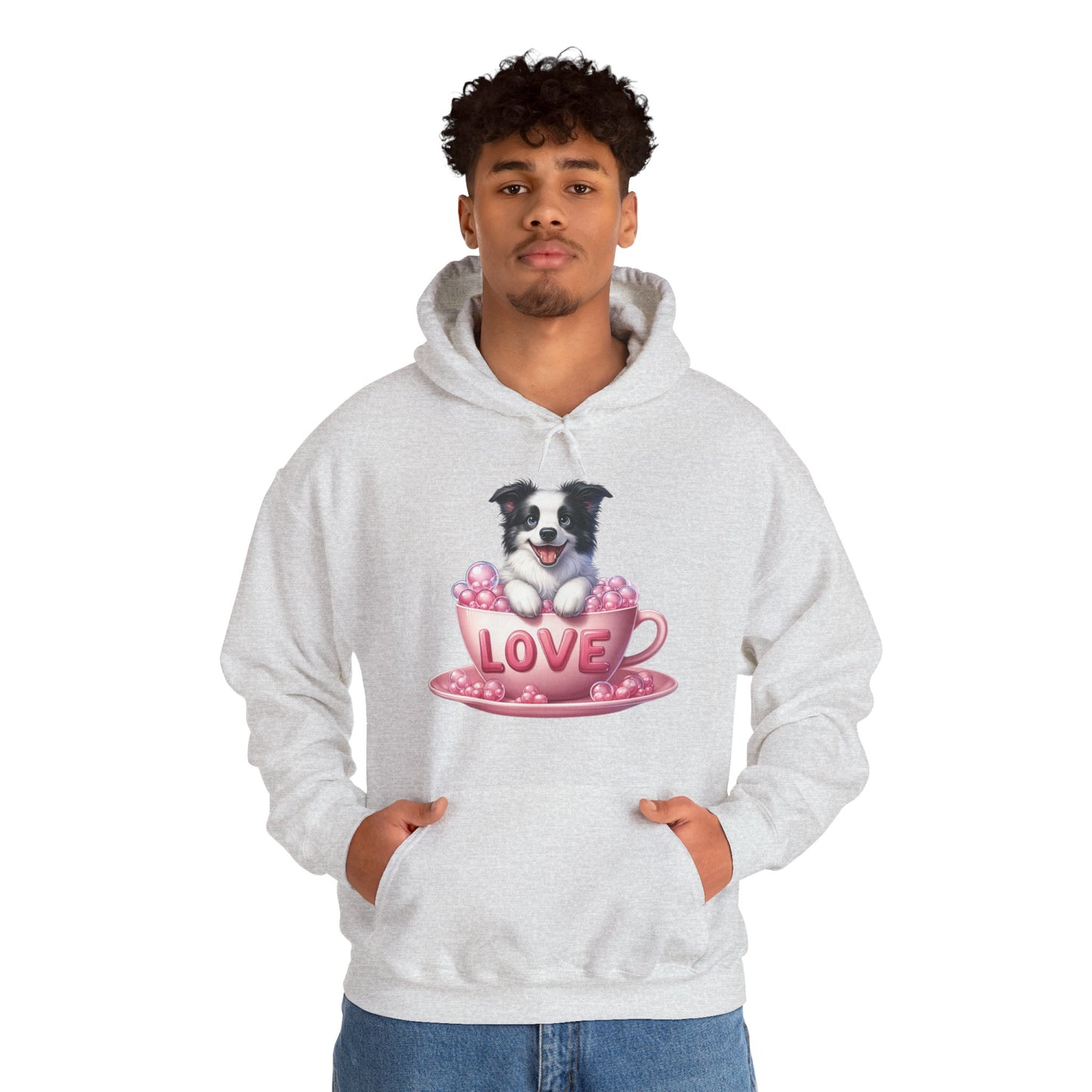 Viral Puppy Love Border Collie Hoodie - Cute Dog in Pink Cup Graphic Unisex Sweatshirt - Adorable Gift for Border Collie Lovers