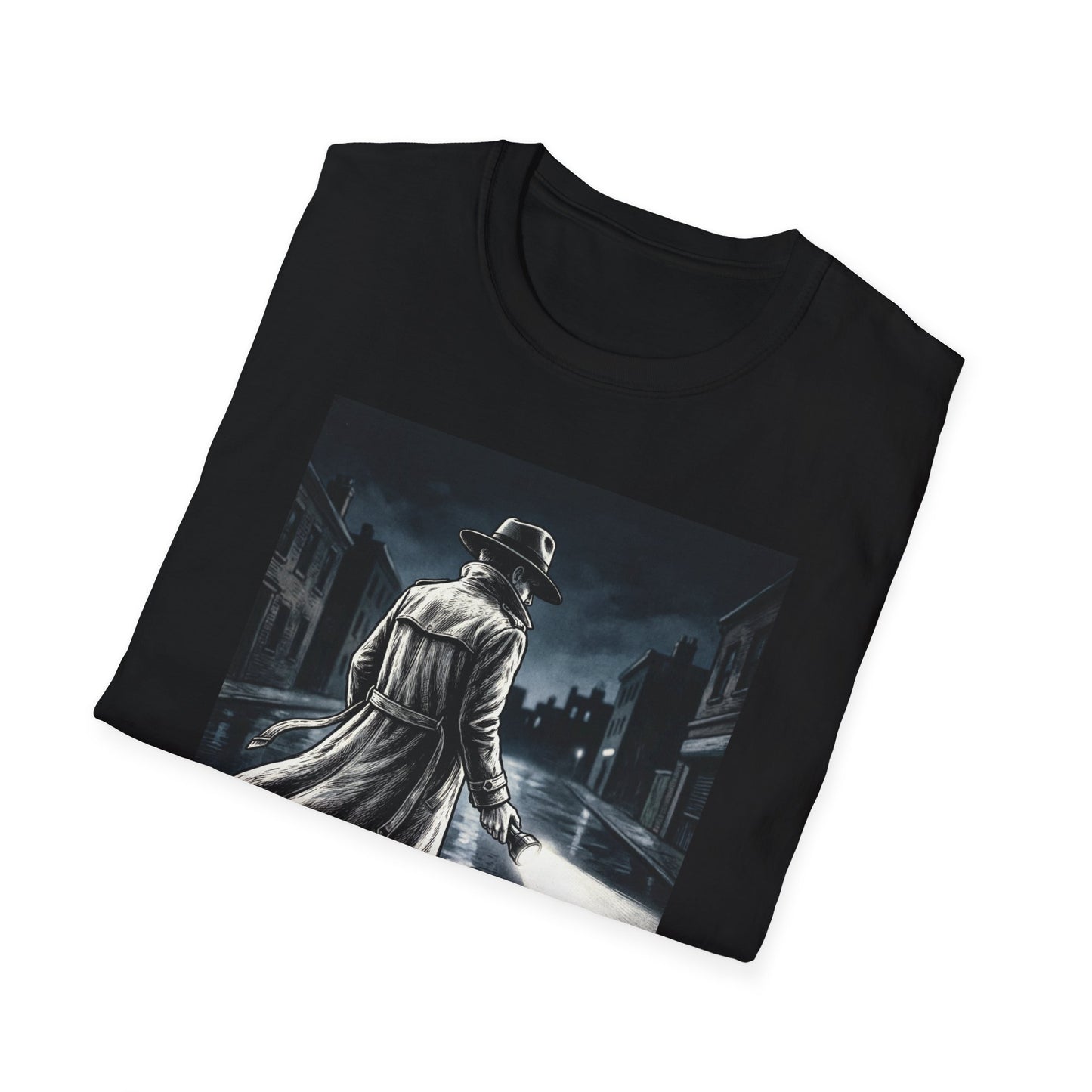Shadow Streets Noir Detective T-Shirt | Vintage Mystery Trench Coat Art
