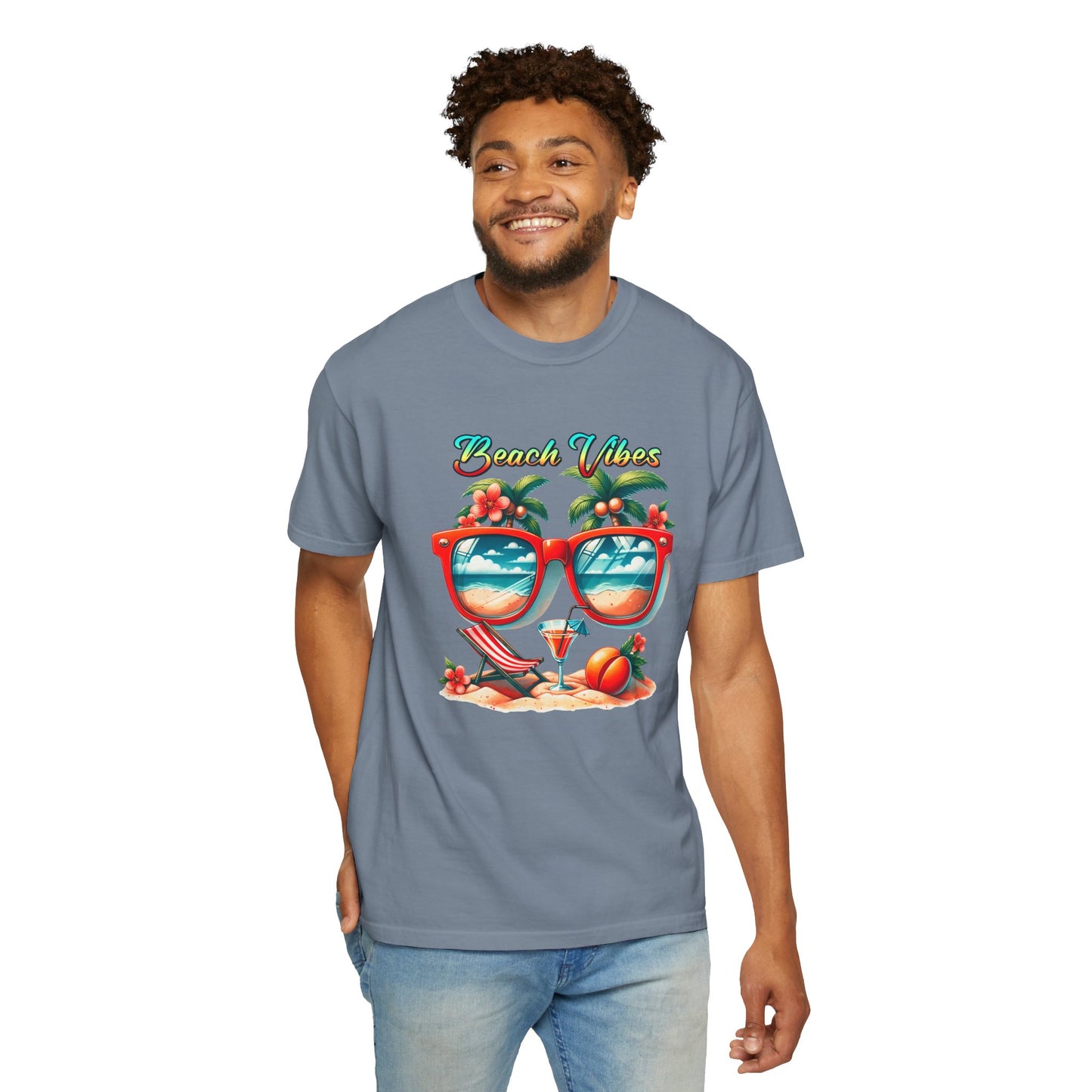 Beach Vibes Graphic Tee – Retro Sunglasses, Palm Trees & Sunset Summer Shirt