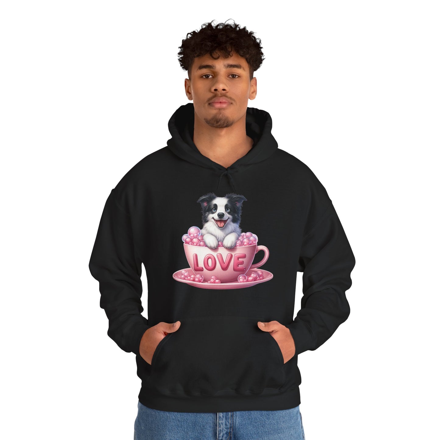 Viral Puppy Love Border Collie Hoodie - Cute Dog in Pink Cup Graphic Unisex Sweatshirt - Adorable Gift for Border Collie Lovers