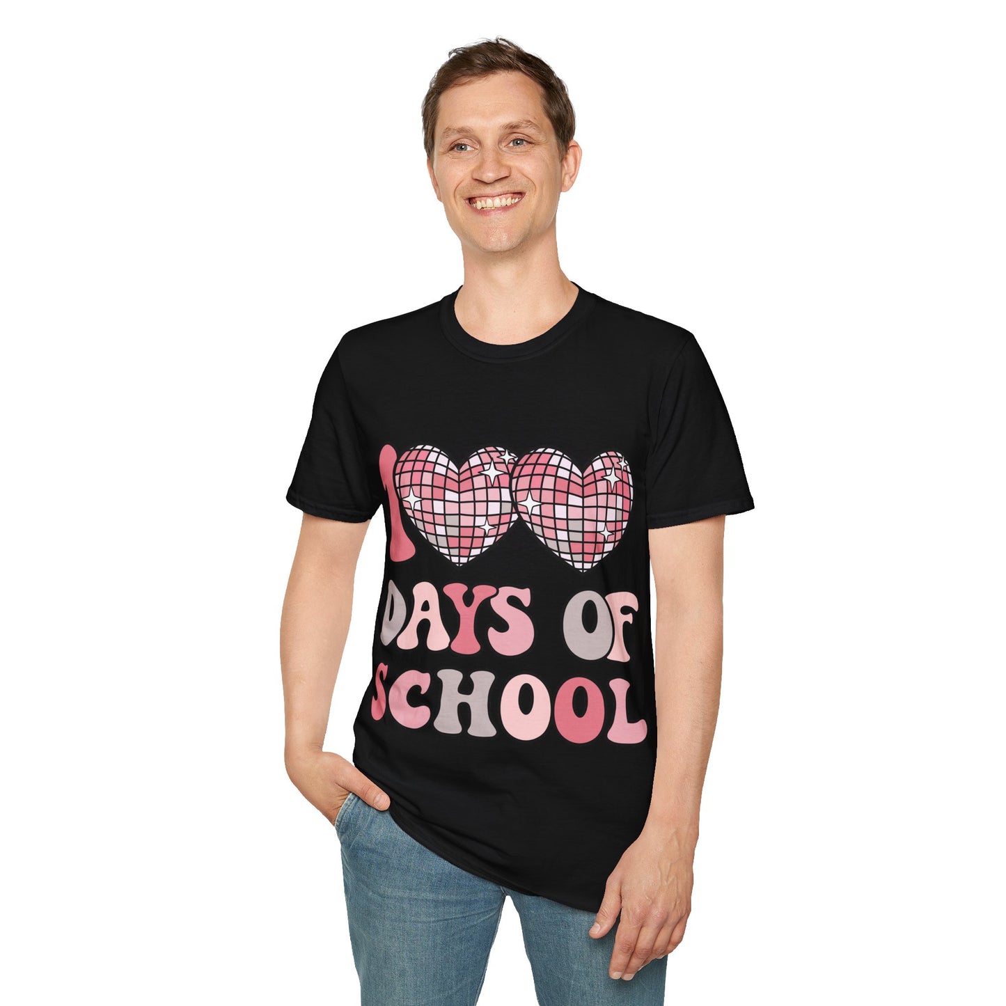 00 Days of School Shirt | Retro Pink Disco Hearts Tee | Vintage Bubble Letter Teacher & Student Top | Soft Ring-Spun Cotton Gift