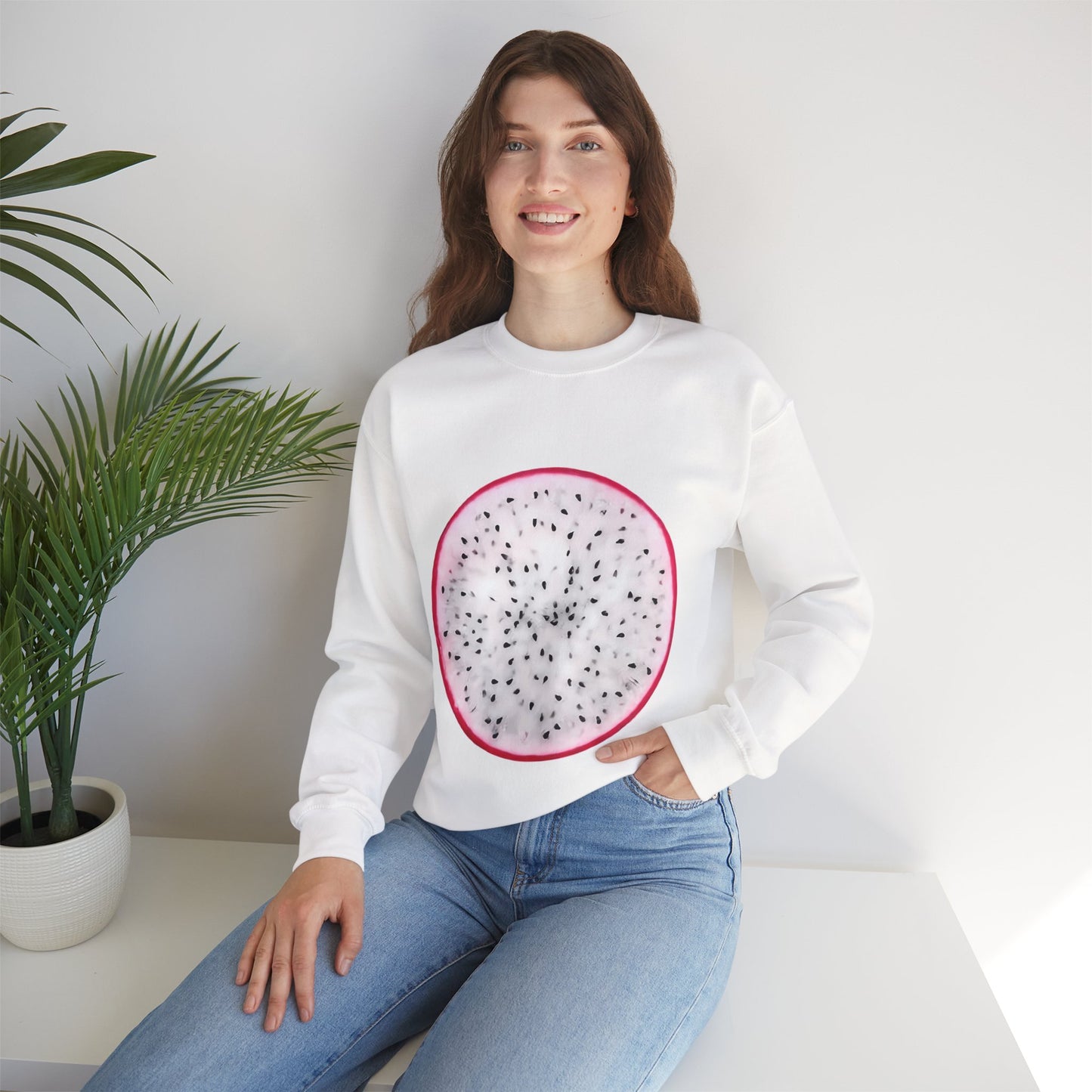 Dragon Fruit Slice Crewneck Sweatshirt | Aesthetic "Pitaya" Pullover | Funny Lazy Halloween Costume & Foodie Gif