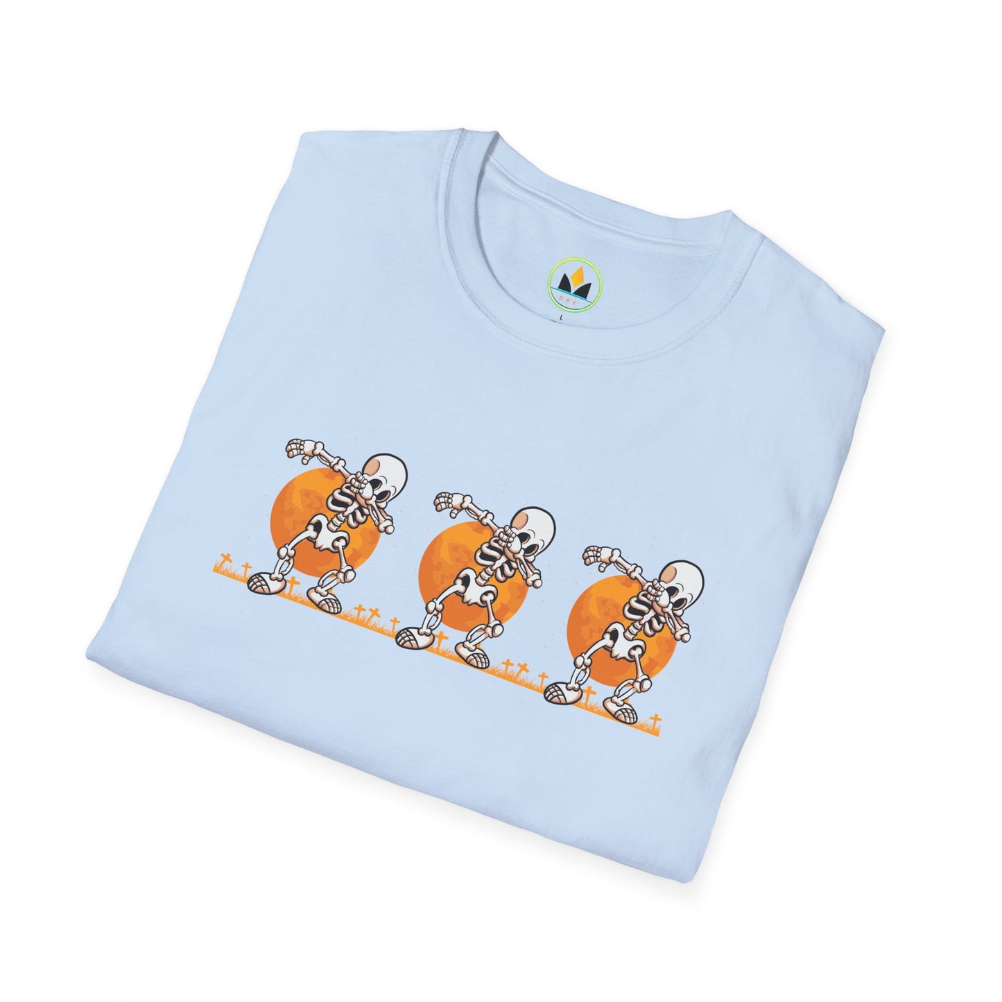 Moonlit Macabre: Dancing Skeleton Halloween T-Shirt – Spooky Unisex Softstyle T-Shirt