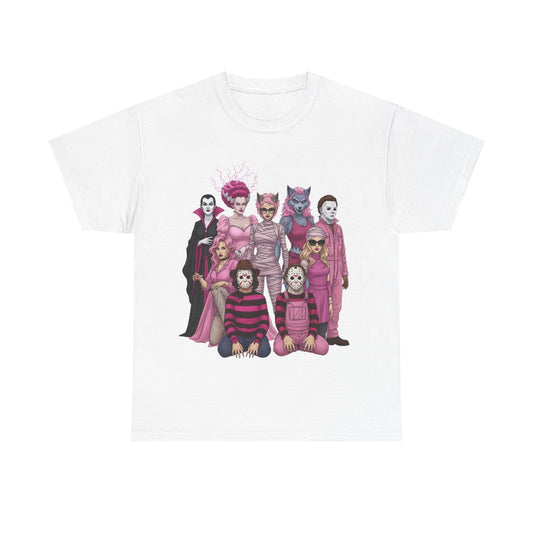Lady Slashers Halloween Tee | Female Horror Villains Reunion Shirt in Pink
