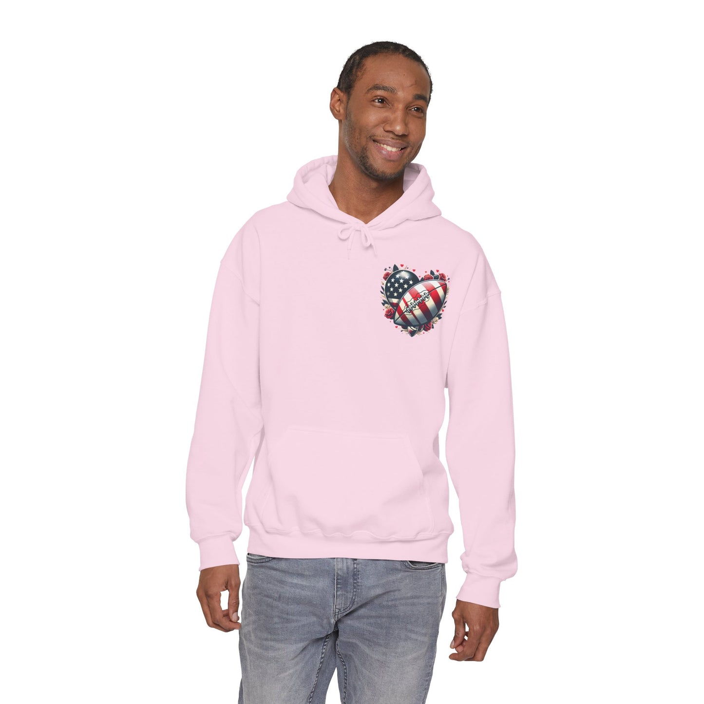 Touchdown Soul: Patriotic American Flag Football Heart Hoodie