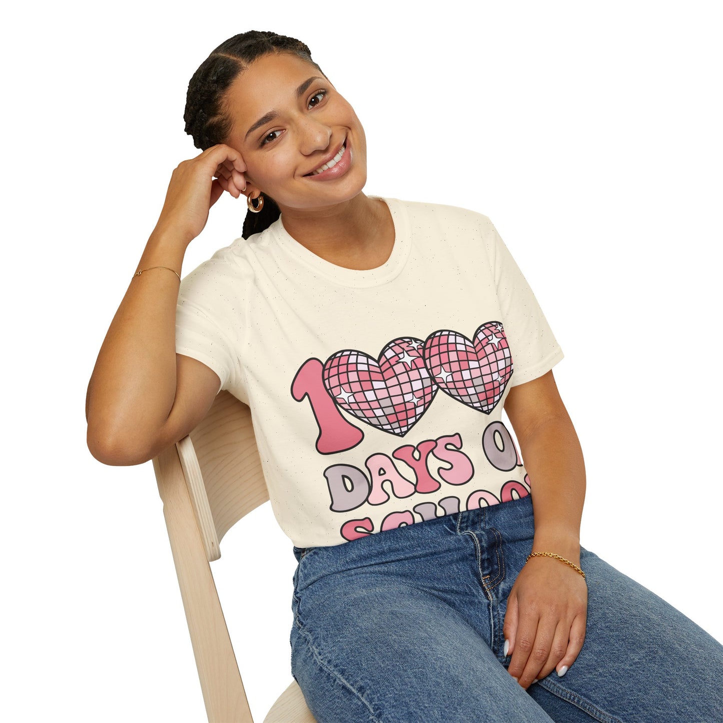00 Days of School Shirt | Retro Pink Disco Hearts Tee | Vintage Bubble Letter Teacher & Student Top | Soft Ring-Spun Cotton Gift