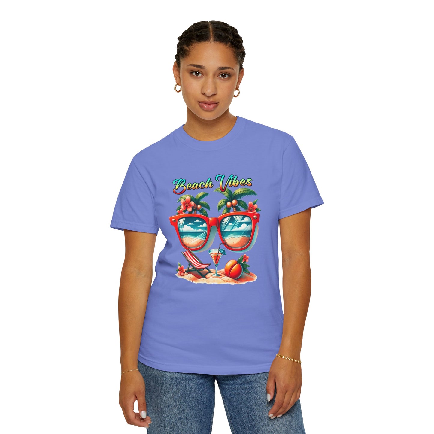 Beach Vibes Graphic Tee – Retro Sunglasses, Palm Trees & Sunset Summer Shirt