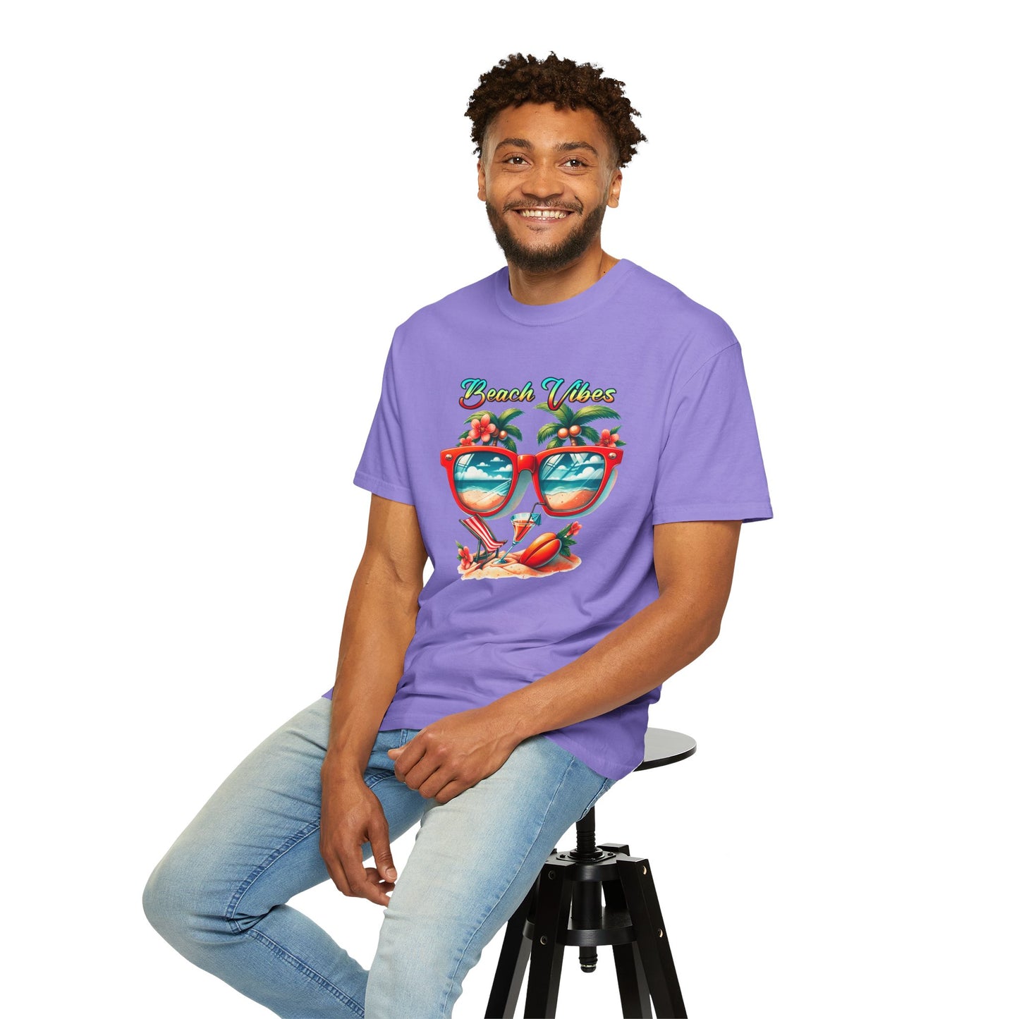 Beach Vibes Graphic Tee – Retro Sunglasses, Palm Trees & Sunset Summer Shirt
