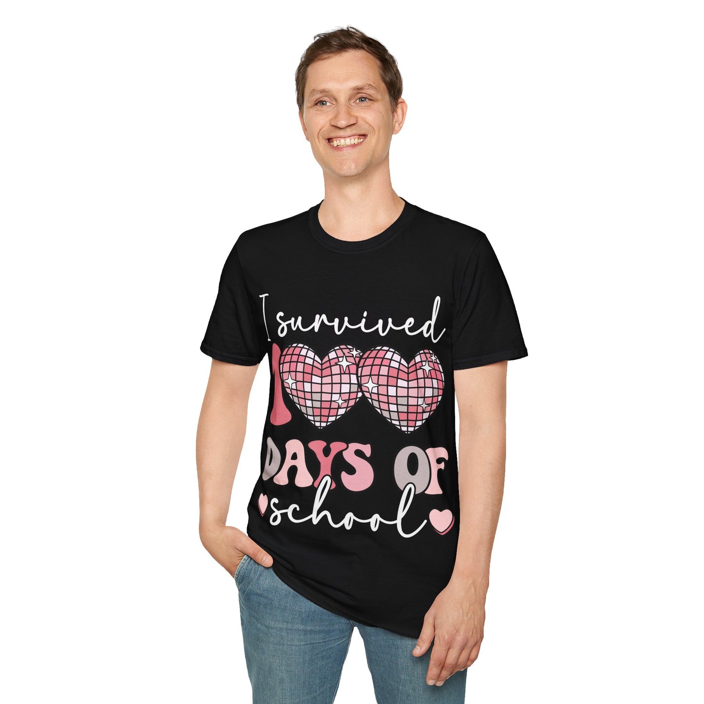 I Survived 100 Days of School Shirt | Funny Retro Disco Heart Black Tee | Groovy Teacher Student Humor Gift