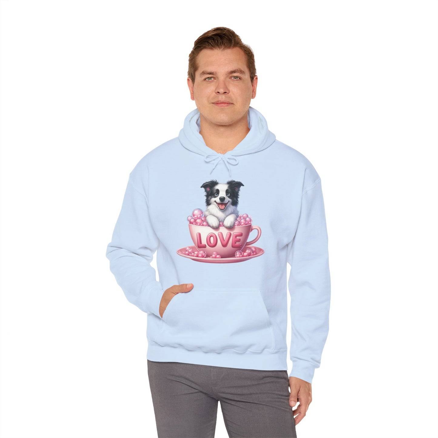 Viral Puppy Love Border Collie Hoodie - Cute Dog in Pink Cup Graphic Unisex Sweatshirt - Adorable Gift for Border Collie Lovers